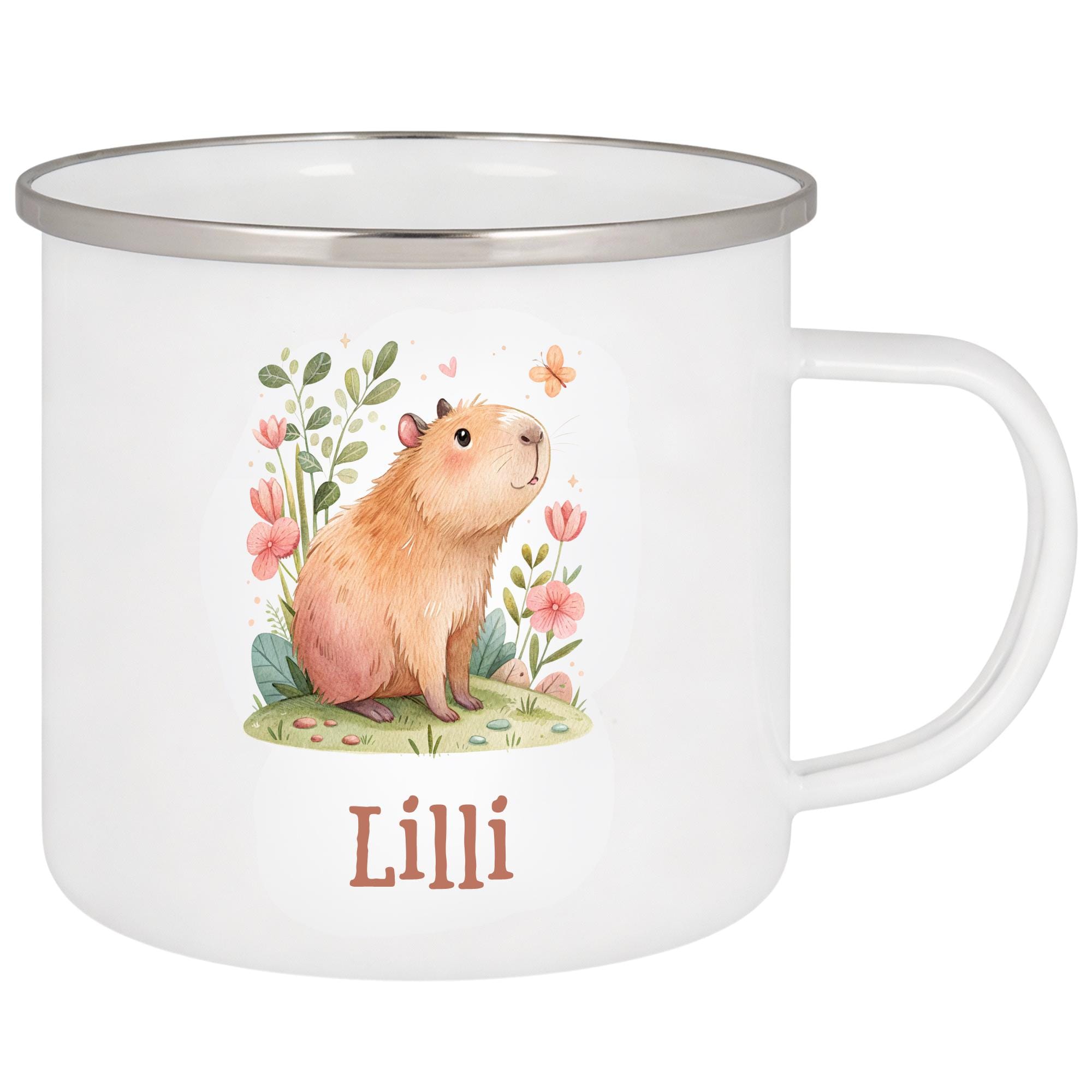 Personalisierte Emailletasse mit Namen – individuelles Geschenk für Kinder, Kinder Becher 330 ml, leichte Emaille Tasse, Tiermotive