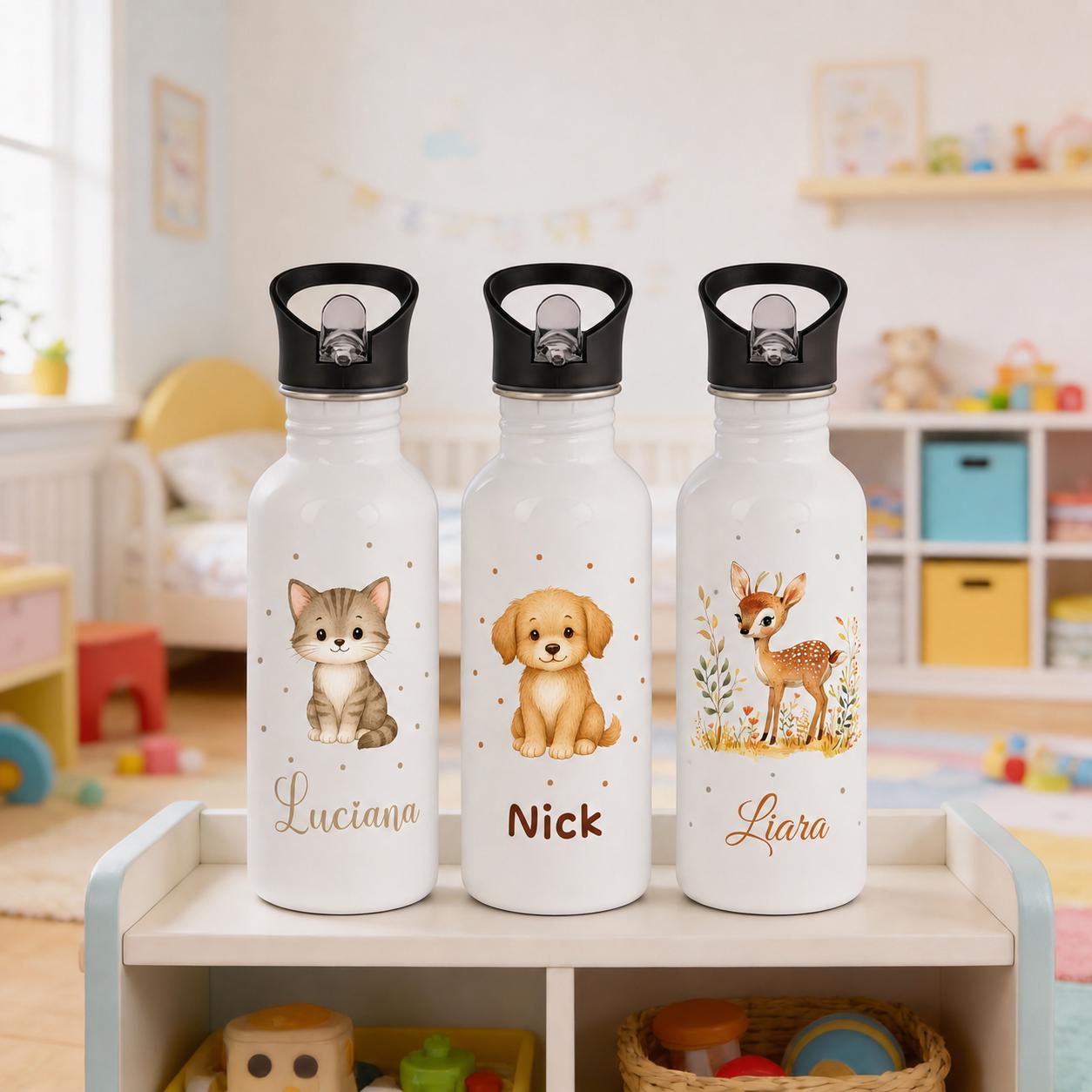 Personalisierte Trinkflasche für Kinder, Flasche mit Namen und Tiermotiv, Geschenk für Junge und Mädchen