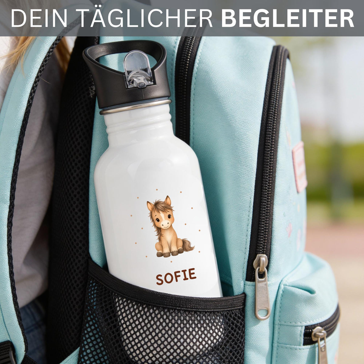 Personalisierte Trinkflasche für Kinder, Flasche mit Namen und Tiermotiv, Geschenk für Junge und Mädchen