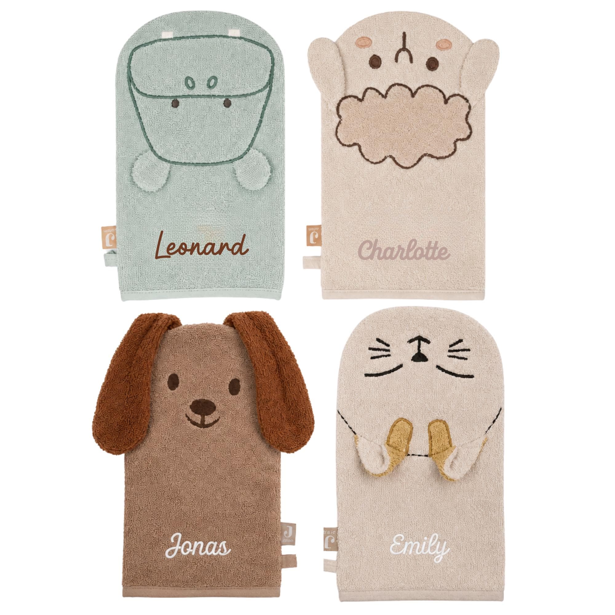 Personalisierter Waschhandschuh Kinder mit Name, Tier Waschlappen, Hund Katze Schaf Nilpferd, persönliches Geschenk