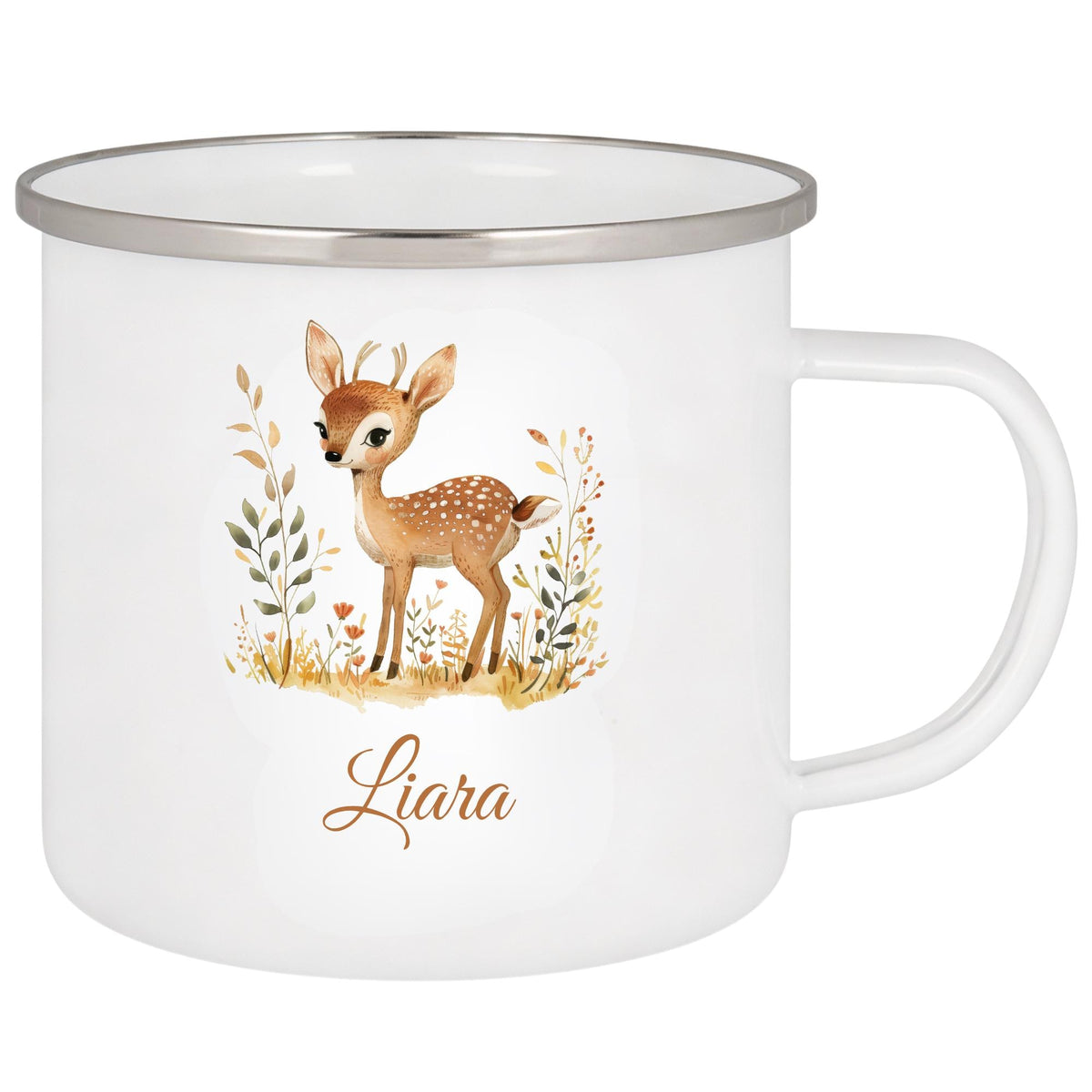 Personalisierte Emailletasse mit Namen – individuelles Geschenk für Kinder, Kinder Becher 330 ml, leichte Emaille Tasse, Tiermotive