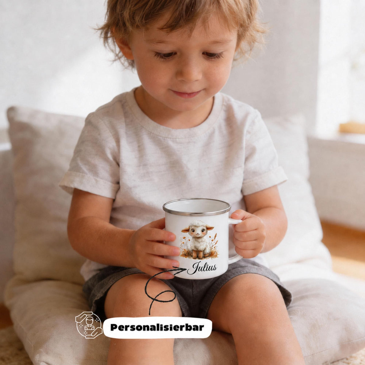 Personalisierte Emailletasse mit Namen – individuelles Geschenk für Kinder, Kinder Becher 330 ml, leichte Emaille Tasse, Tiermotive
