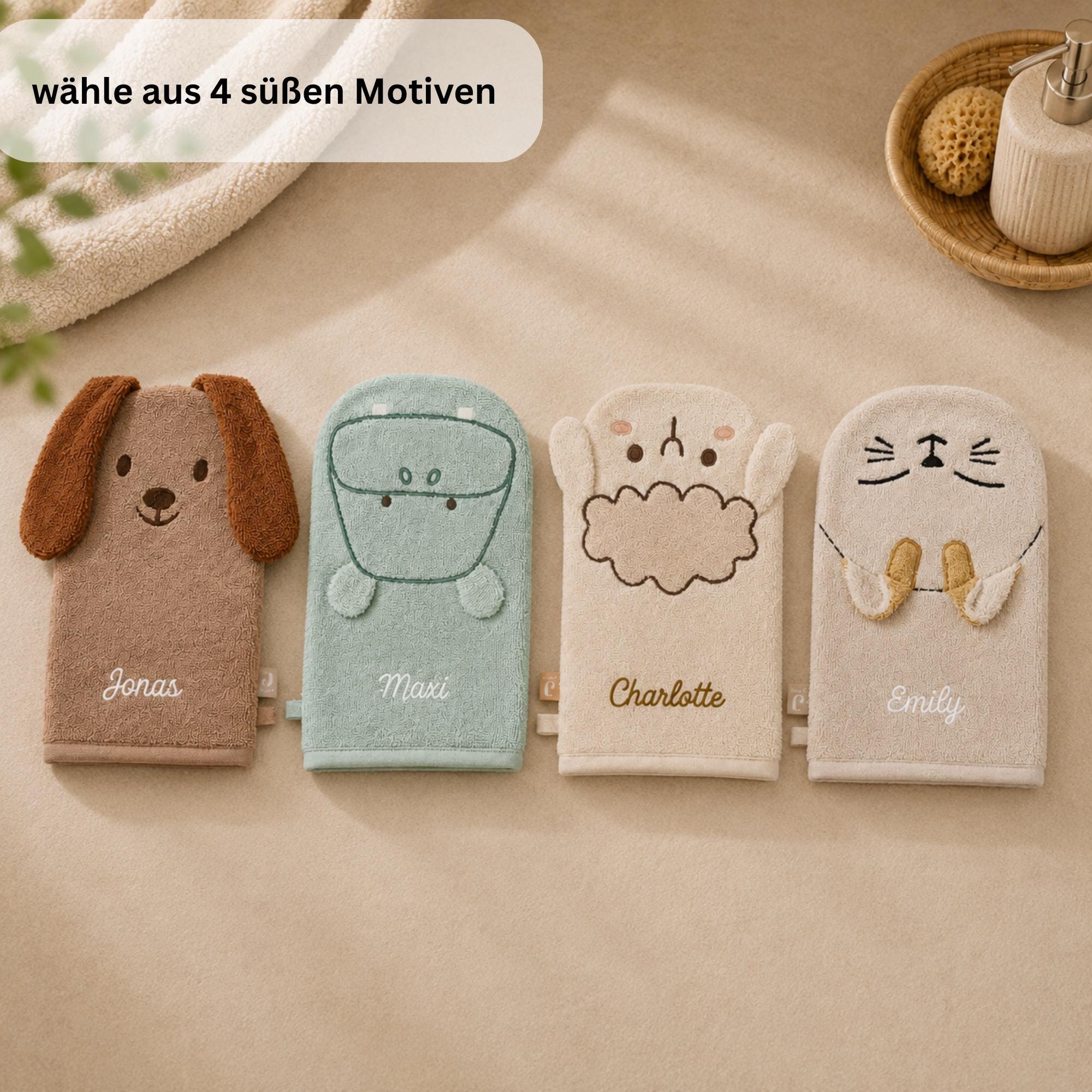 Personalisierter Waschhandschuh Kinder mit Name, Tier Waschlappen, Hund Katze Schaf Nilpferd, persönliches Geschenk