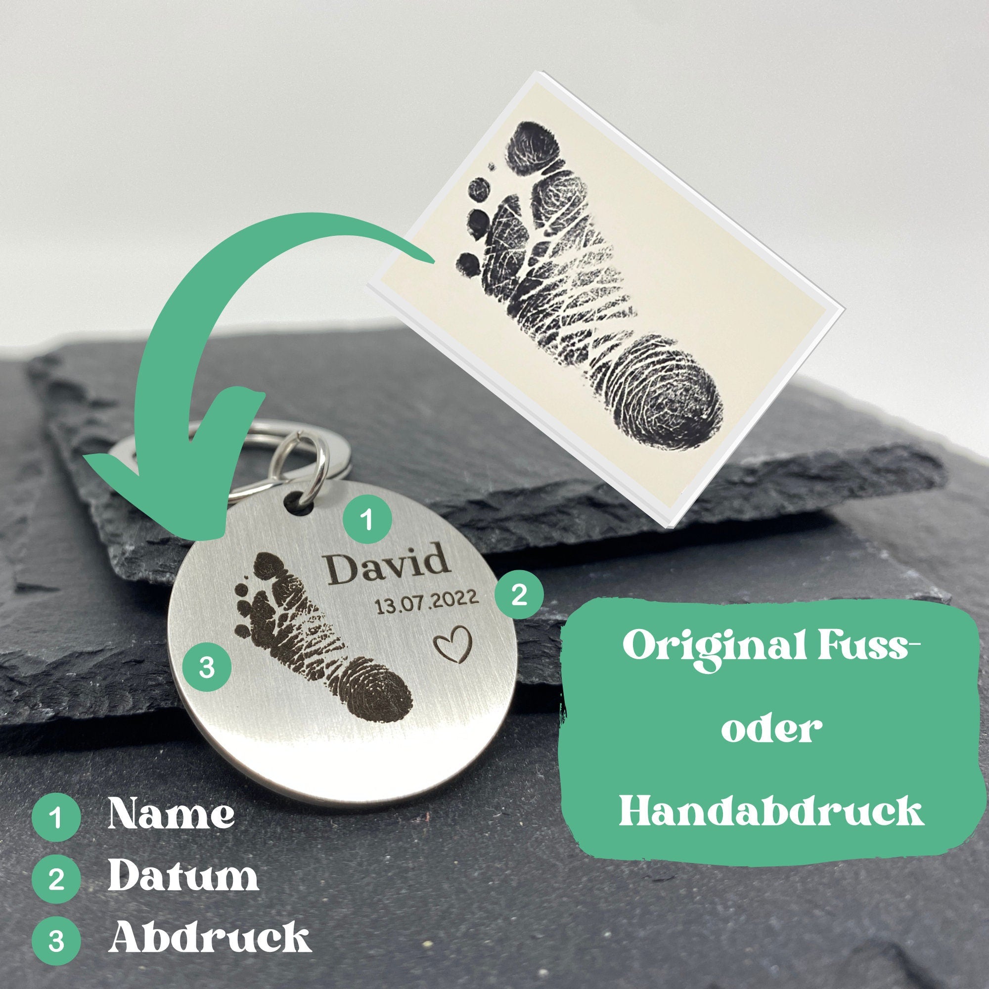 Schlüsselanhänger mit Geburtsdaten/ Fuß- und Handabdruck Gravur - Baby Jungen Mädchen Name
