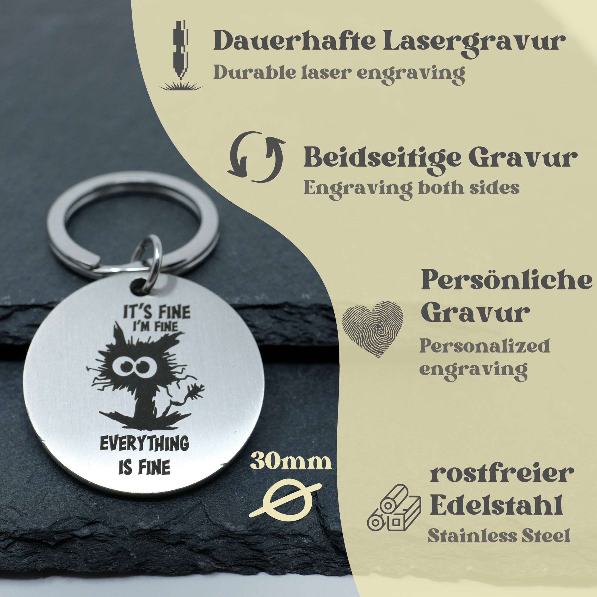 Schlüsselanhänger mit Gravur "I am fine" Personalisierter Anhänger mit Wunschgravur