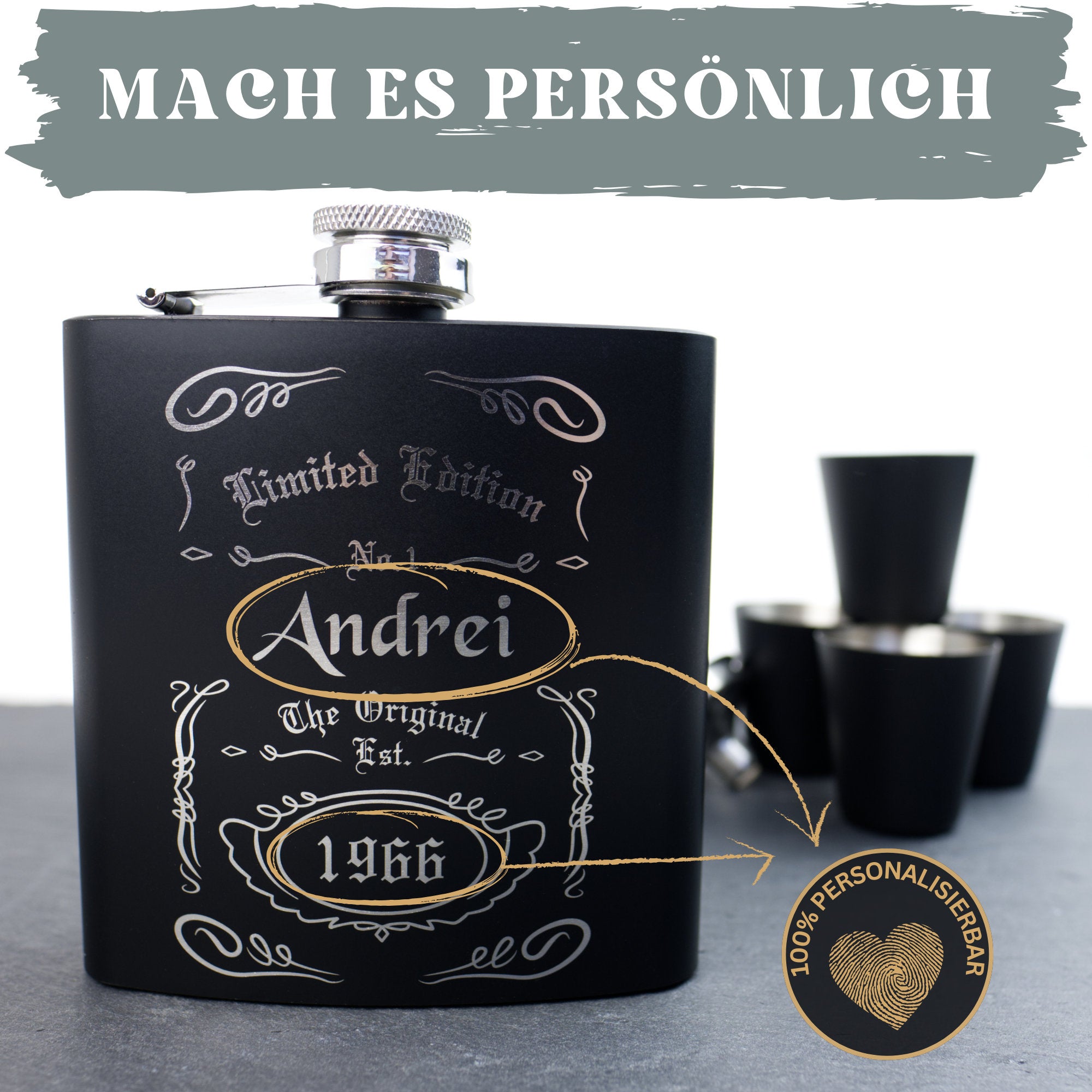 Flachmann Set mit Gravur aus Edelstahl personalisiert inkl. Geschenkbox und Trichter