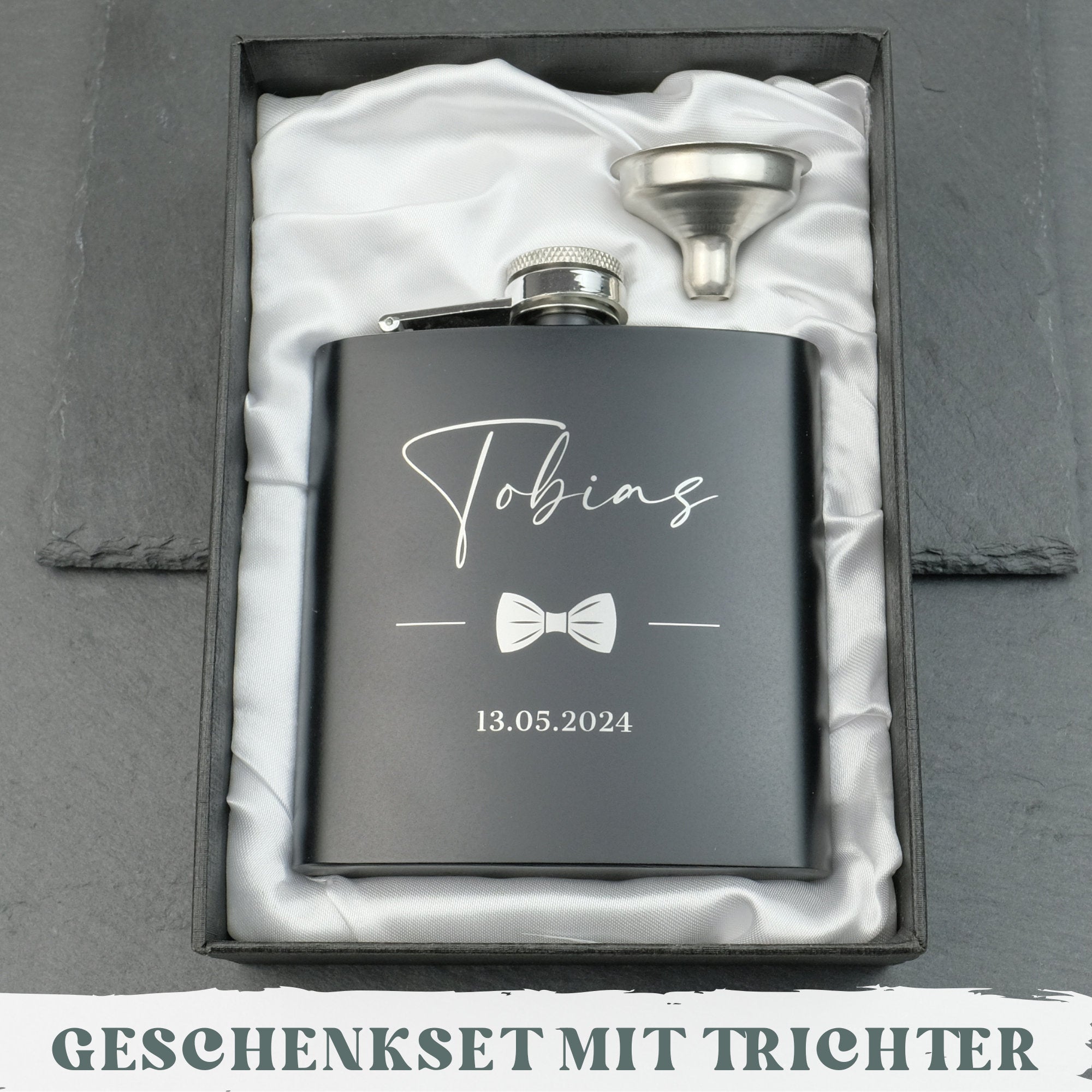 Flachmann Set mit Gravur aus Edelstahl personalisiert inkl. Geschenkbox und Trichter