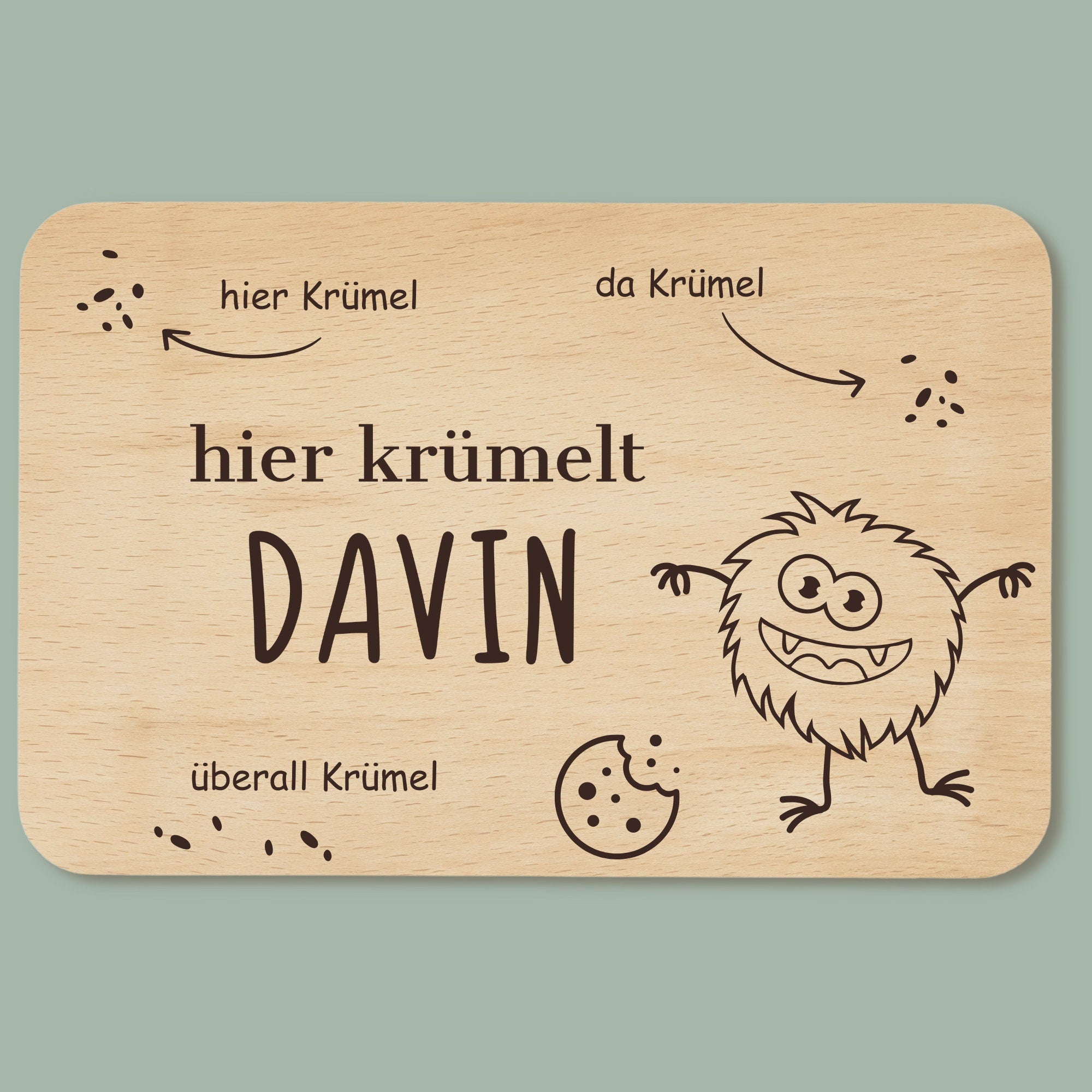 Frühstücksbrettchen Krümelmonster mit Namen - Individuelles Holzbrett für Kinder personalisiert