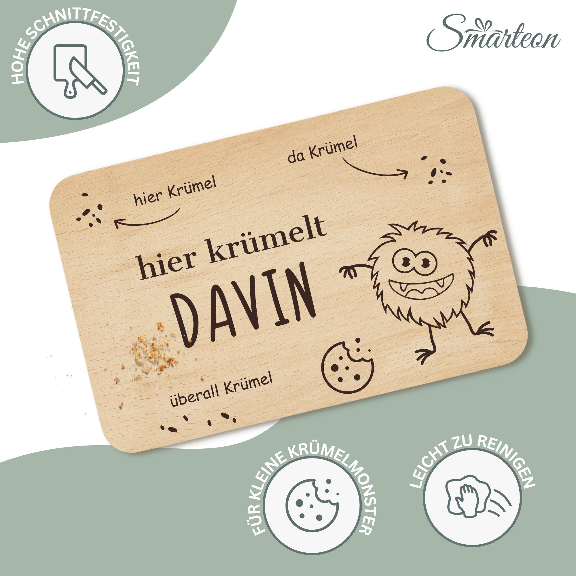 Frühstücksbrettchen Krümelmonster mit Namen - Individuelles Holzbrett für Kinder personalisiert