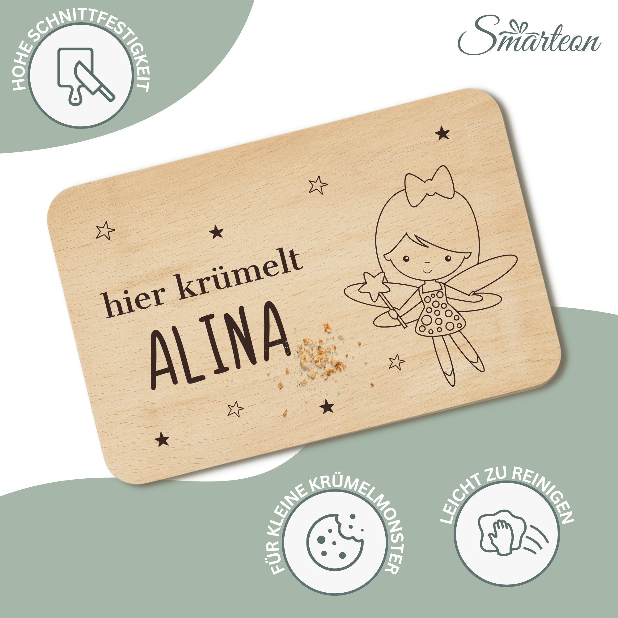 Frühstücksbrettchen Fee mit Namen - Individuelles Holzbrett für Kinder mit Gravur
