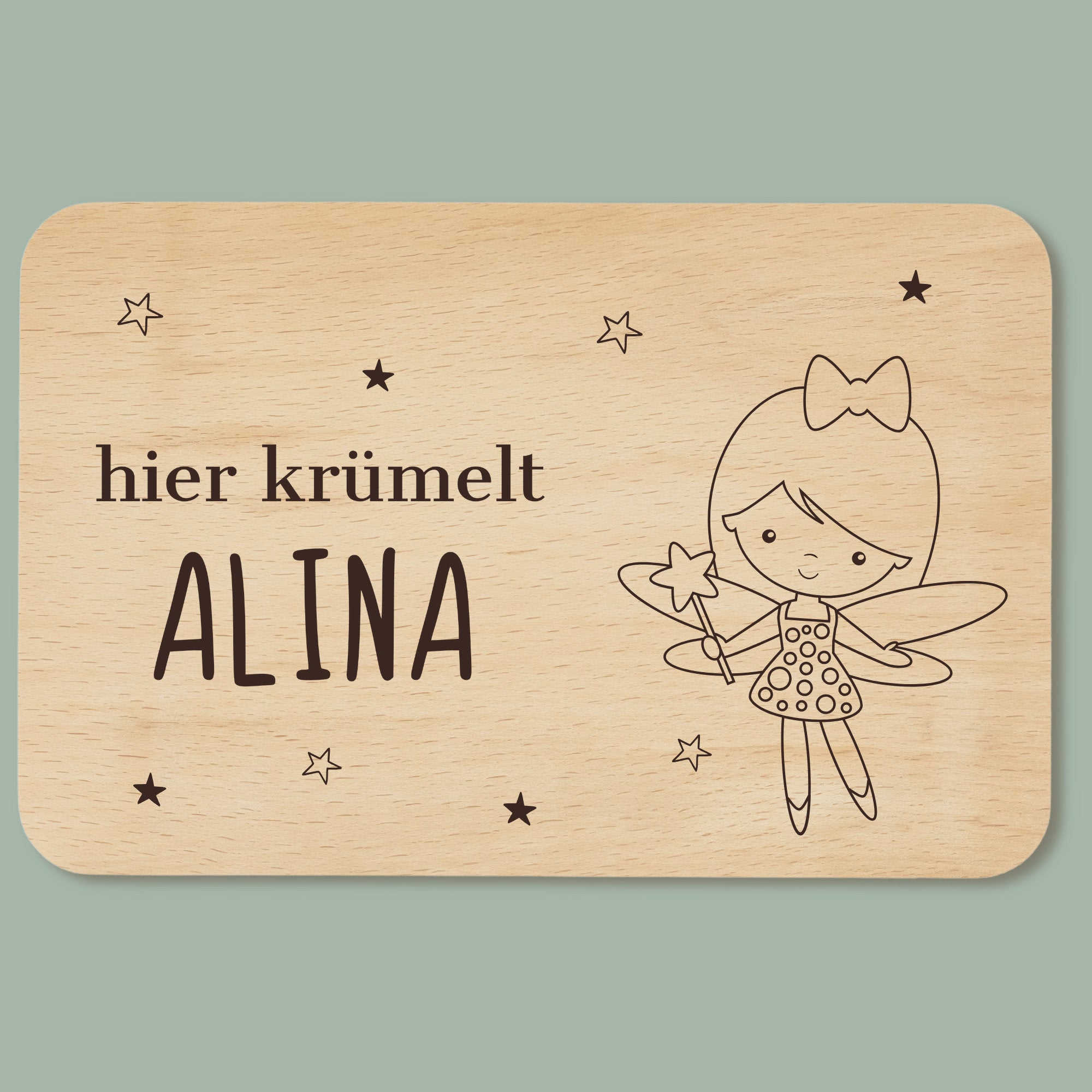 Frühstücksbrettchen Fee mit Namen - Individuelles Holzbrett für Kinder mit Gravur