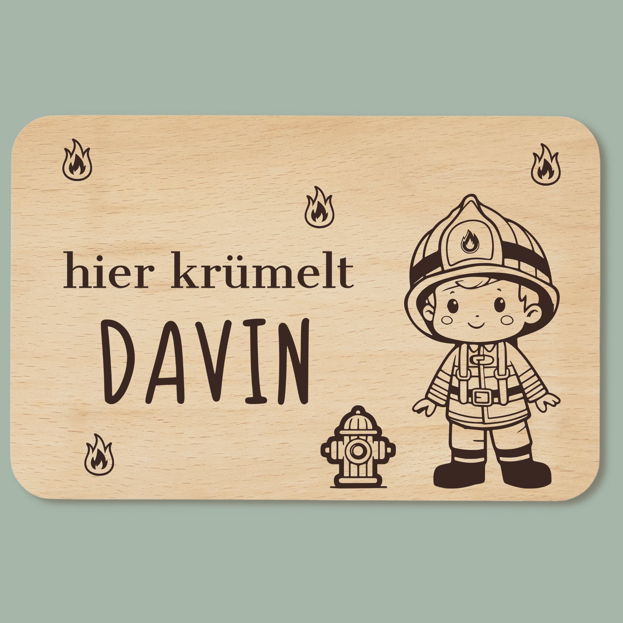 Frühstücksbrettchen Feuerwehrmann mit Namen - Feuerwehr Holzbrettchen für Kinder personalisiert mit Gravur