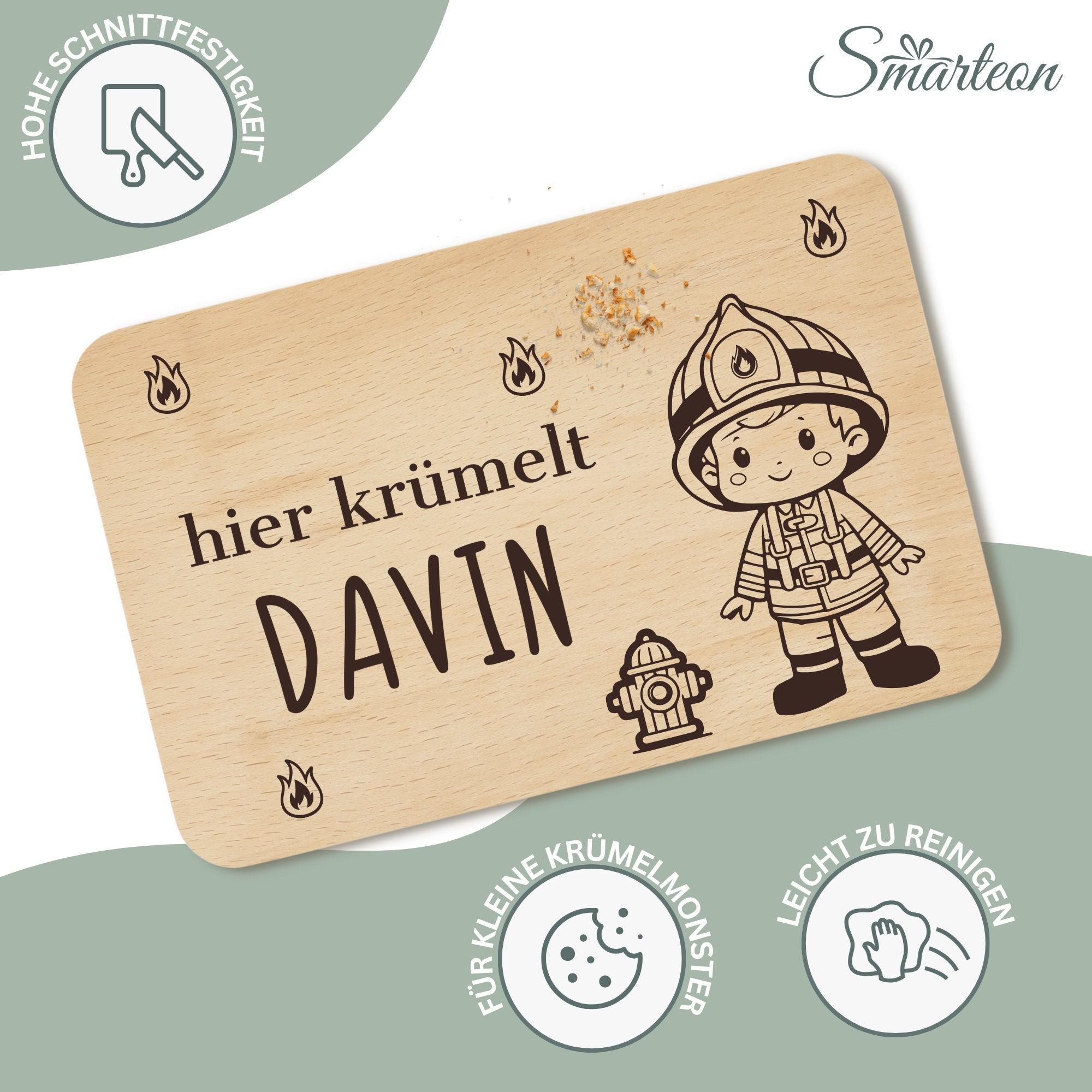 Frühstücksbrettchen Feuerwehrmann mit Namen - Feuerwehr Holzbrettchen für Kinder personalisiert mit Gravur