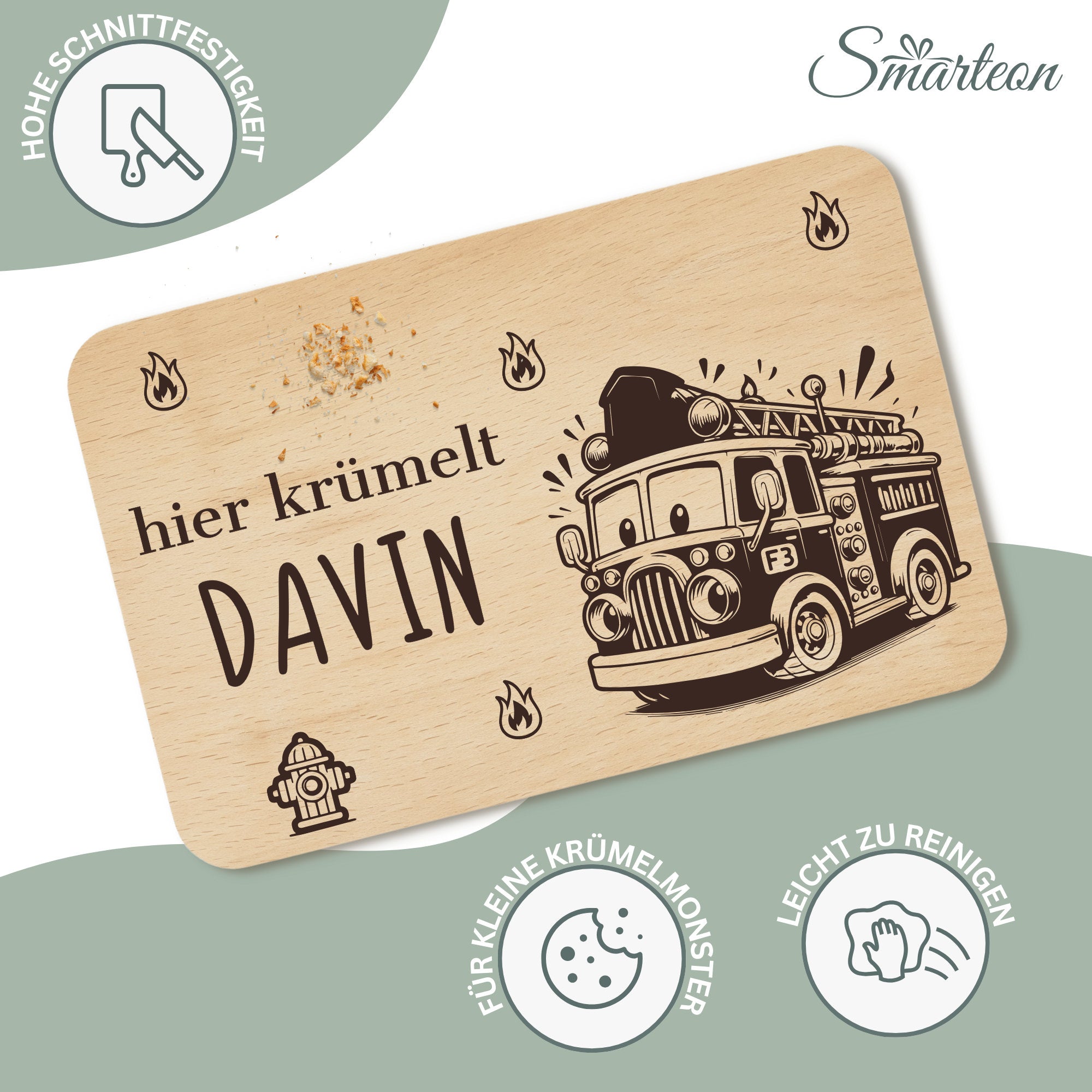 Frühstücksbrettchen Feuerwehrauto mit Namen - Feuerwehr Holzbrettchen für Kinder personalisiert mit Gravur
