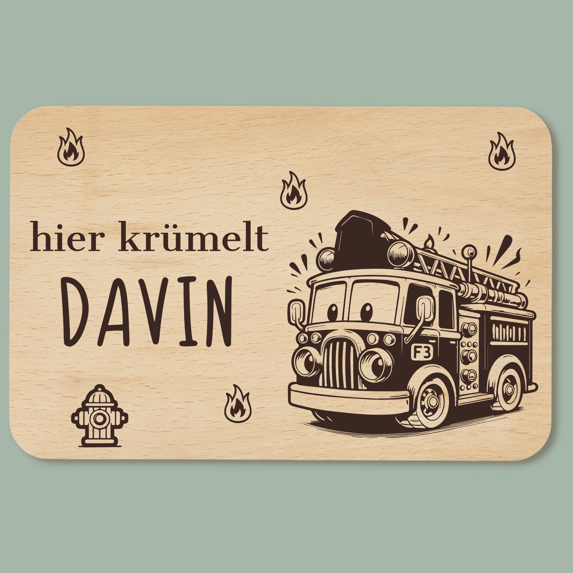 Frühstücksbrettchen Feuerwehrauto mit Namen - Feuerwehr Holzbrettchen für Kinder personalisiert mit Gravur