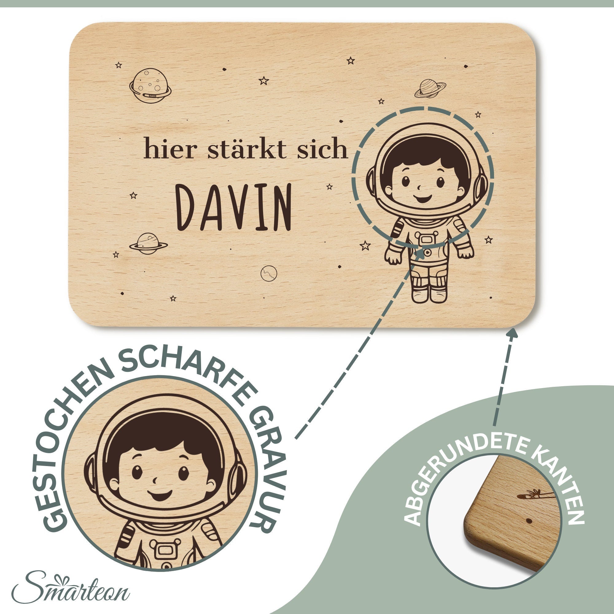 Frühstücksbrettchen Astronaut mit Namen - Holzbrettchen Weltall für Kinder personalisiert mit Gravur