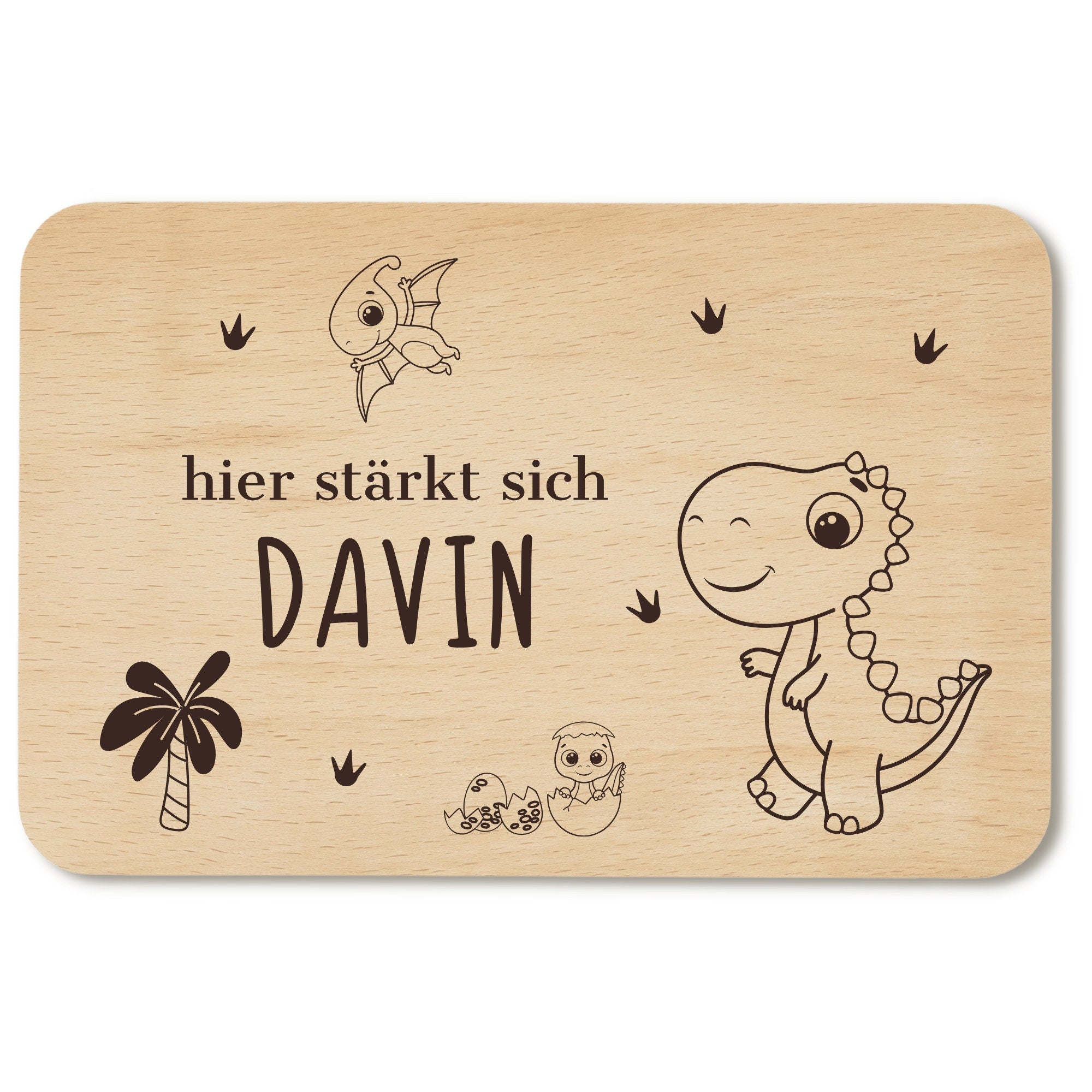 Frühstücksbrettchen Dino mit Namen - Holzbrettchen Dinosaurier für Kinder personalisiert mit Gravur