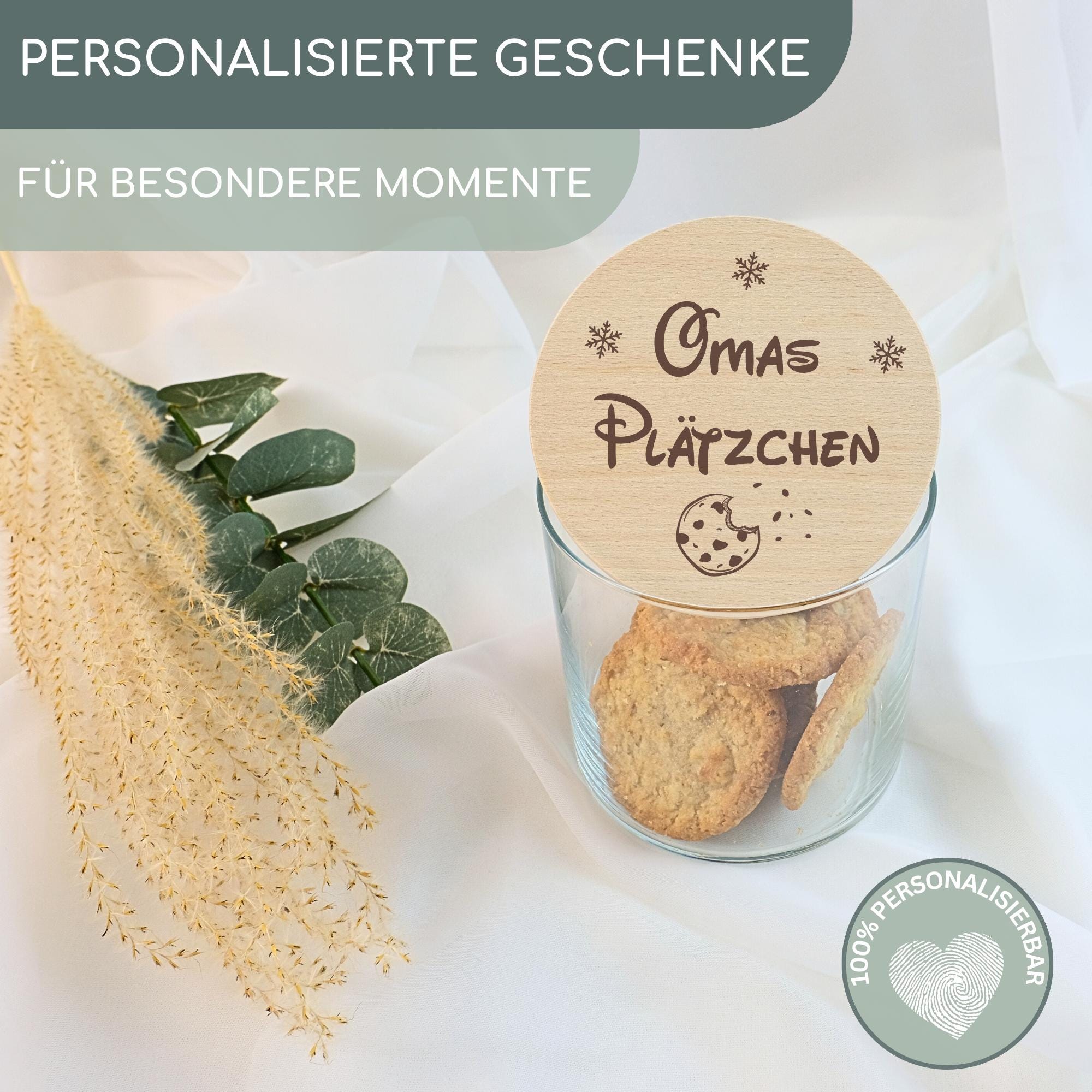 Vorratsglas mit Deckel personalisiert zu Weihnachten, Keksdose personalisiert, Keksglas mit Namen, Holzdeckel mit Gravur | Plätzchen Oma