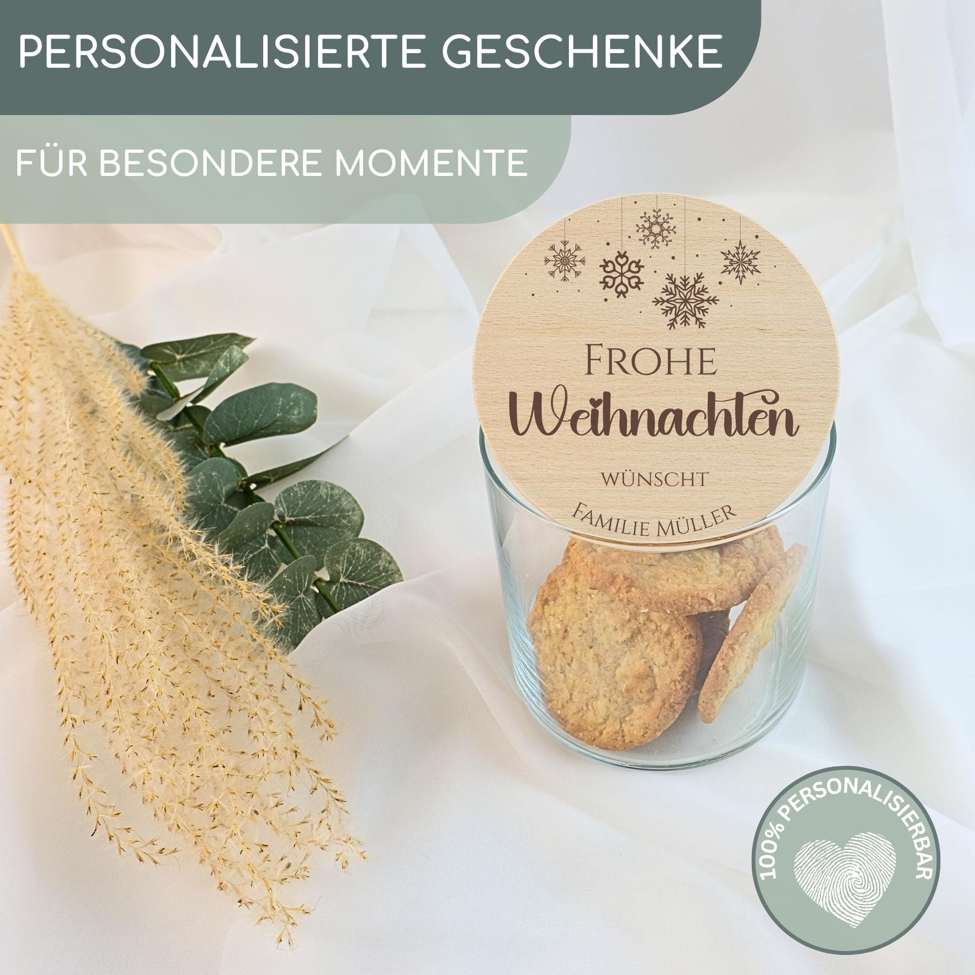 Vorratsglas mit Deckel personalisiert zu Weihnachten, Keksdose personalisiert, Keksglas mit Namen, Holzdeckel mit Gravur | Frohe Weihnachten