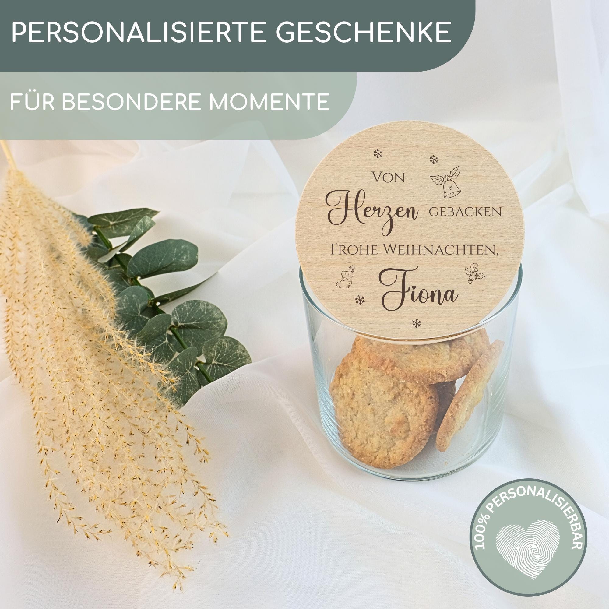 Vorratsglas personalisiert zu Weihnachten, Keksdose personalisiert, Keksglas mit Namen, Holzdeckel mit Gravur | von Herzen gebacken