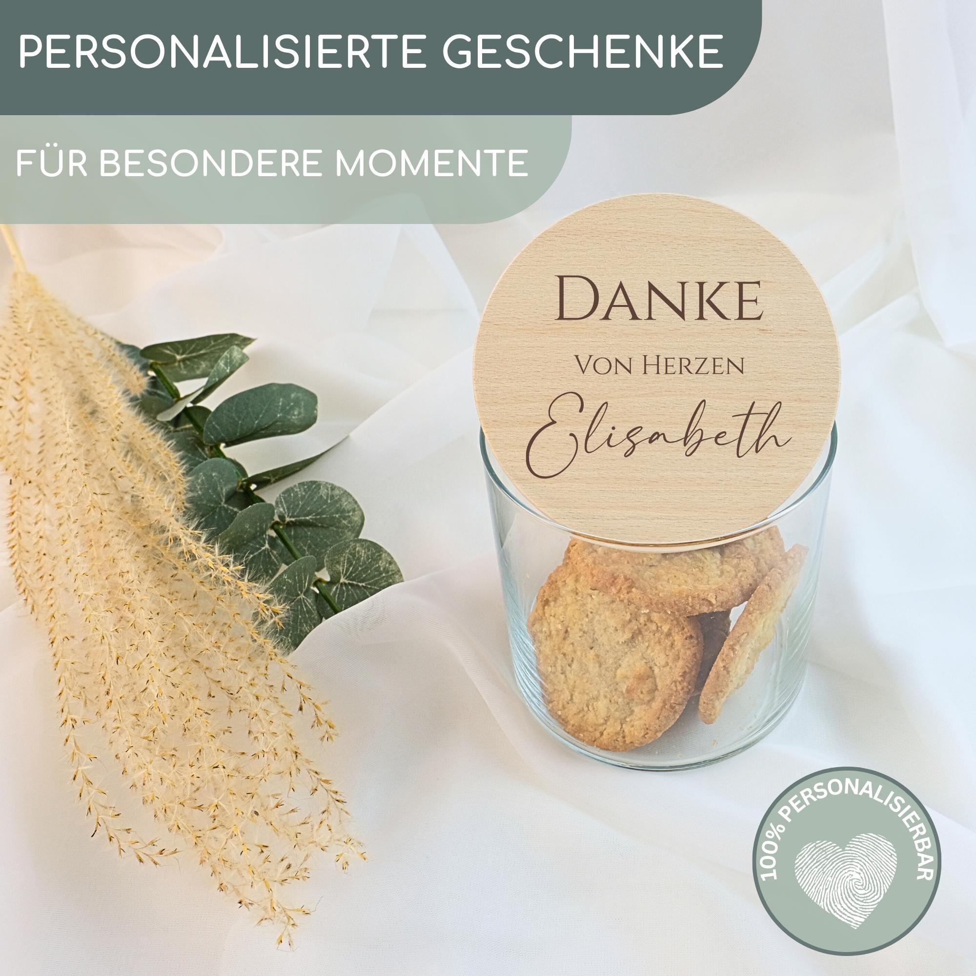 Vorratsglas personalisiert Danke Geschenk, Dankeschön Geschenke, Keksglas mit Namen, Holzdeckel mit Gravur, Keksdose | Danke von Herzen