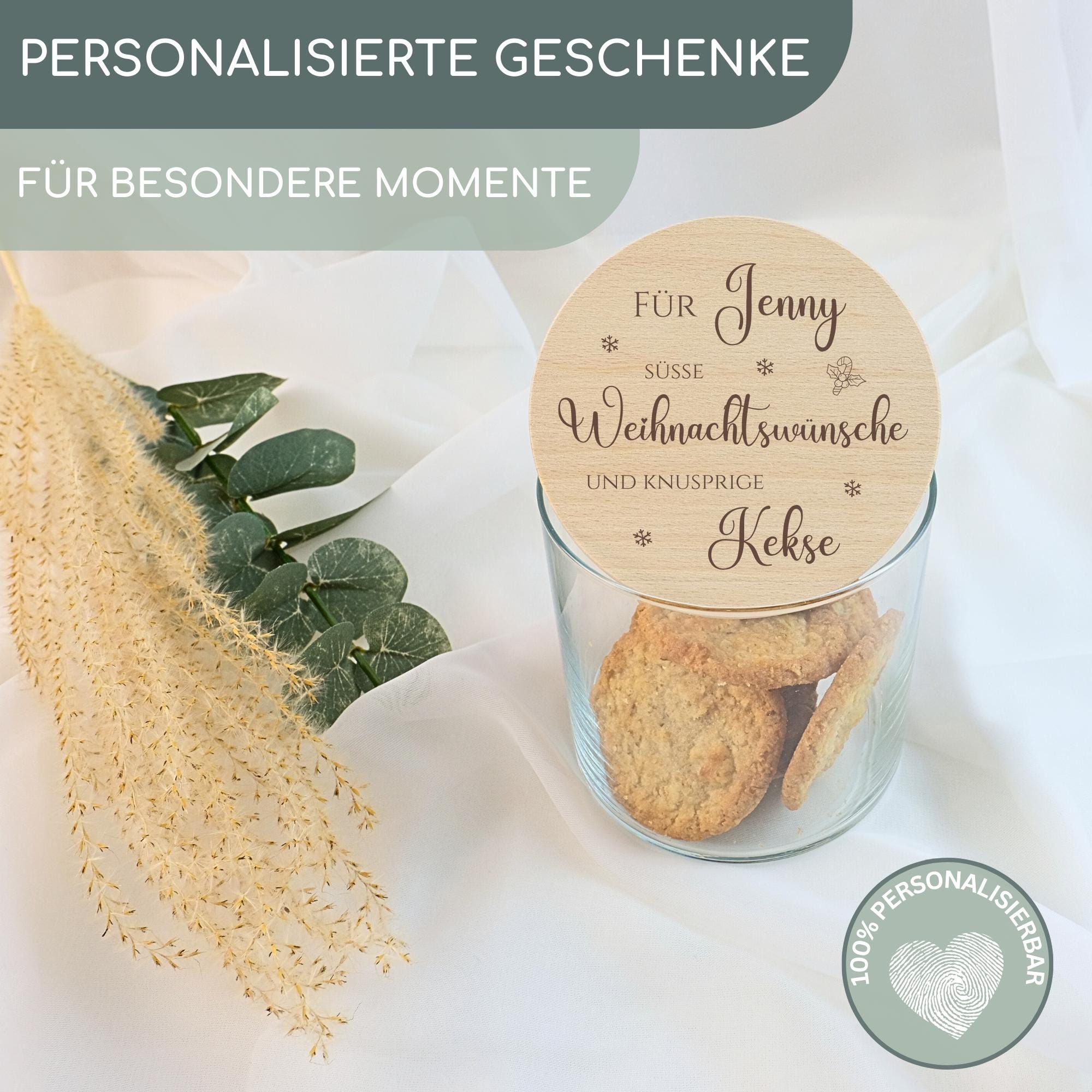 Vorratsglas mit Deckel personalisiert zu Weihnachten, Keksdose personalisiert, Keksglas mit Namen, Holzdeckel mit Gravur | Weihnachtswünsche