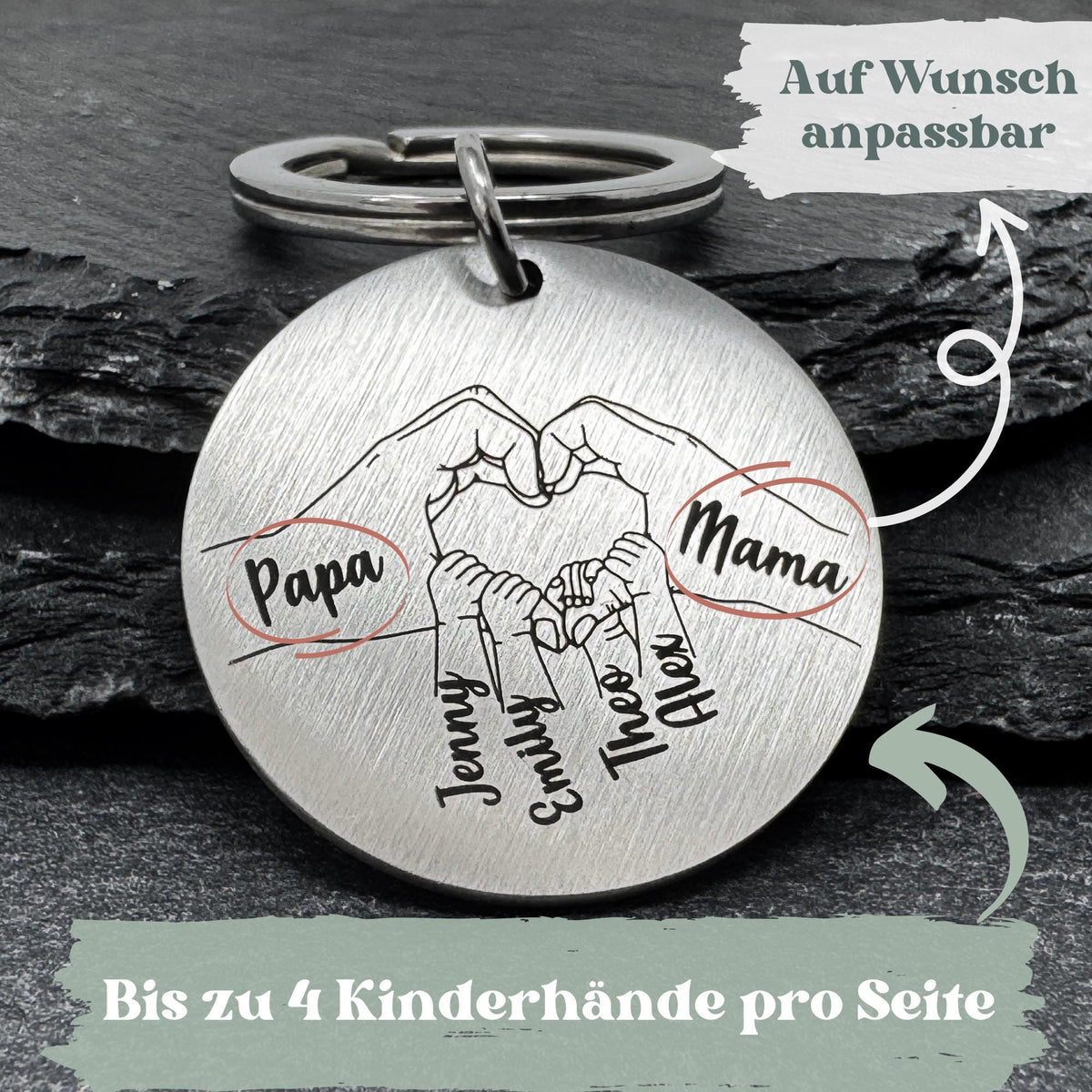 Schlüsselanhänger Papa & Mama Herz mit Kinderhänden