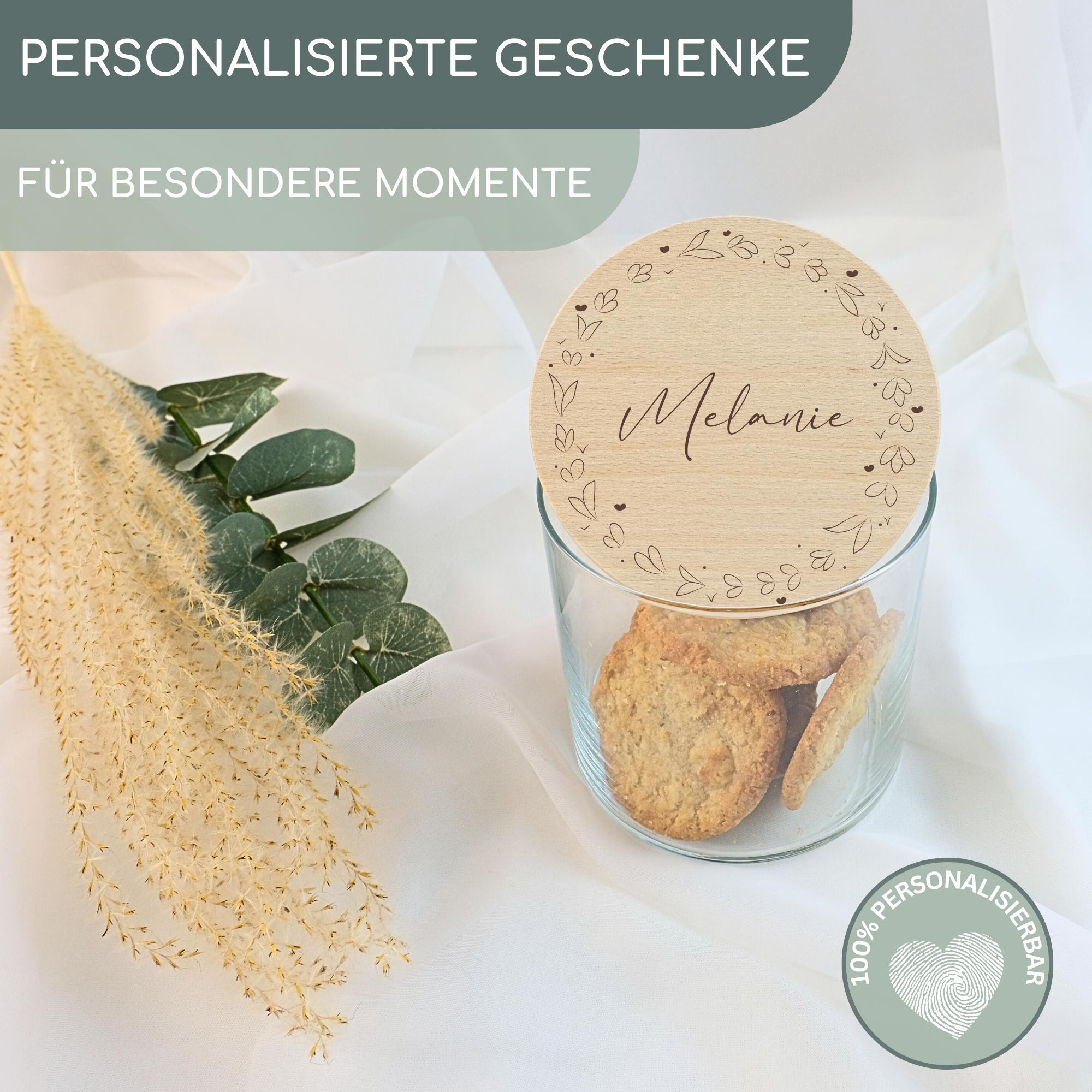 Vorratsglas personalisiert Danke Geschenk, Dankeschön Geschenke, Keksglas mit Namen, Holzdeckel mit Gravur, Keksdose | "Blumenranke Name"