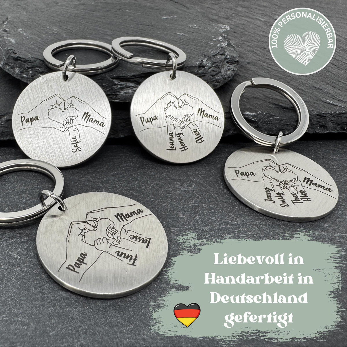 Schlüsselanhänger Papa & Mama Herz mit Kinderhänden