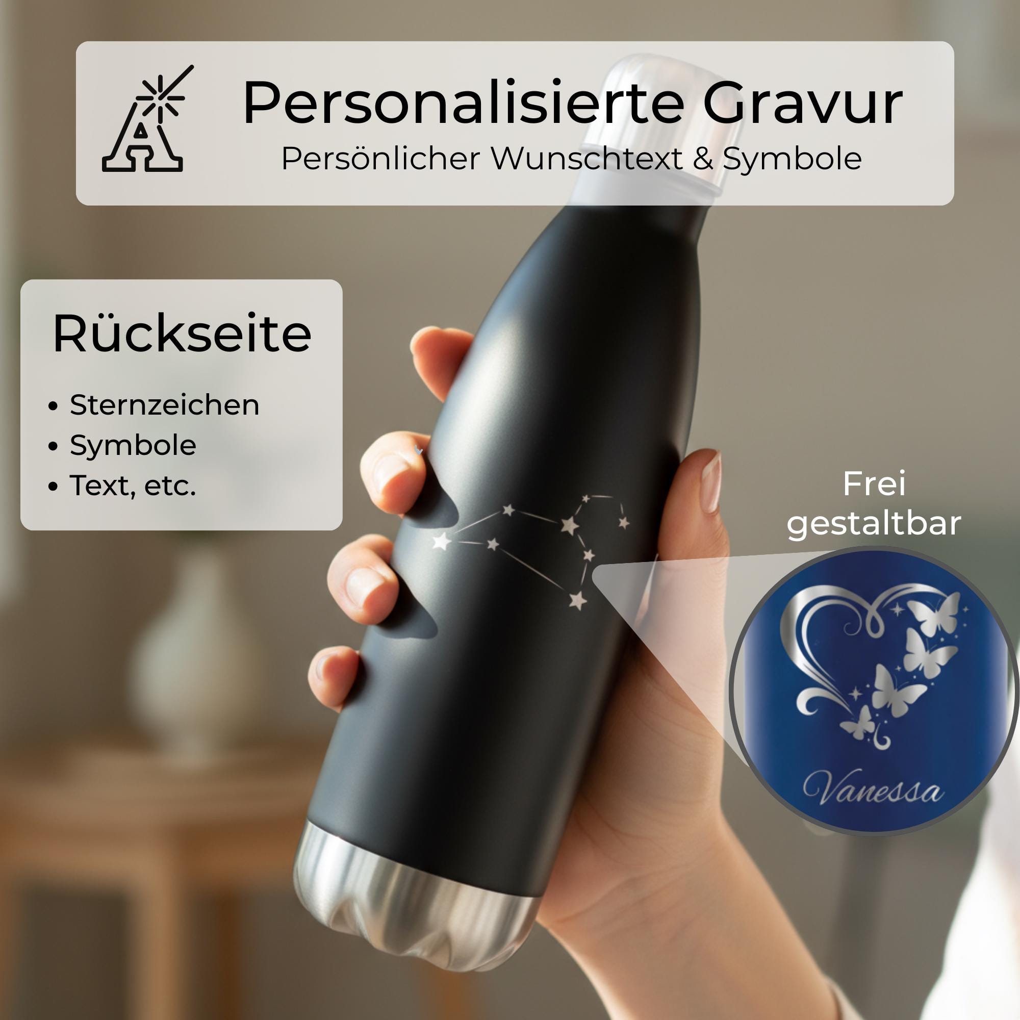 Trinkflasche personalisiert mit Namen – Edelstahl Thermosflasche mit Gravur – Personalisierte Flasche Erwachsene & Kinder (500ml)