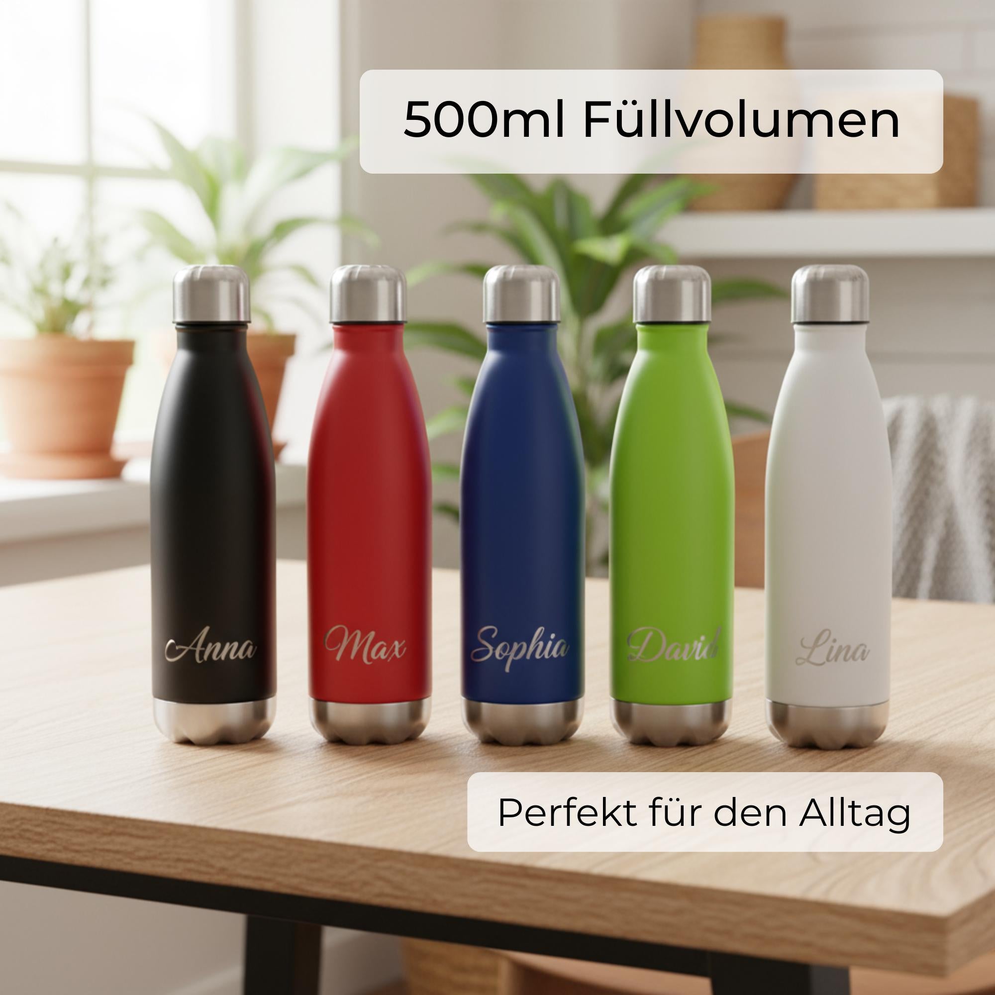 Trinkflasche personalisiert mit Namen – Edelstahl Thermosflasche mit Gravur – Personalisierte Flasche Erwachsene & Kinder (500ml)