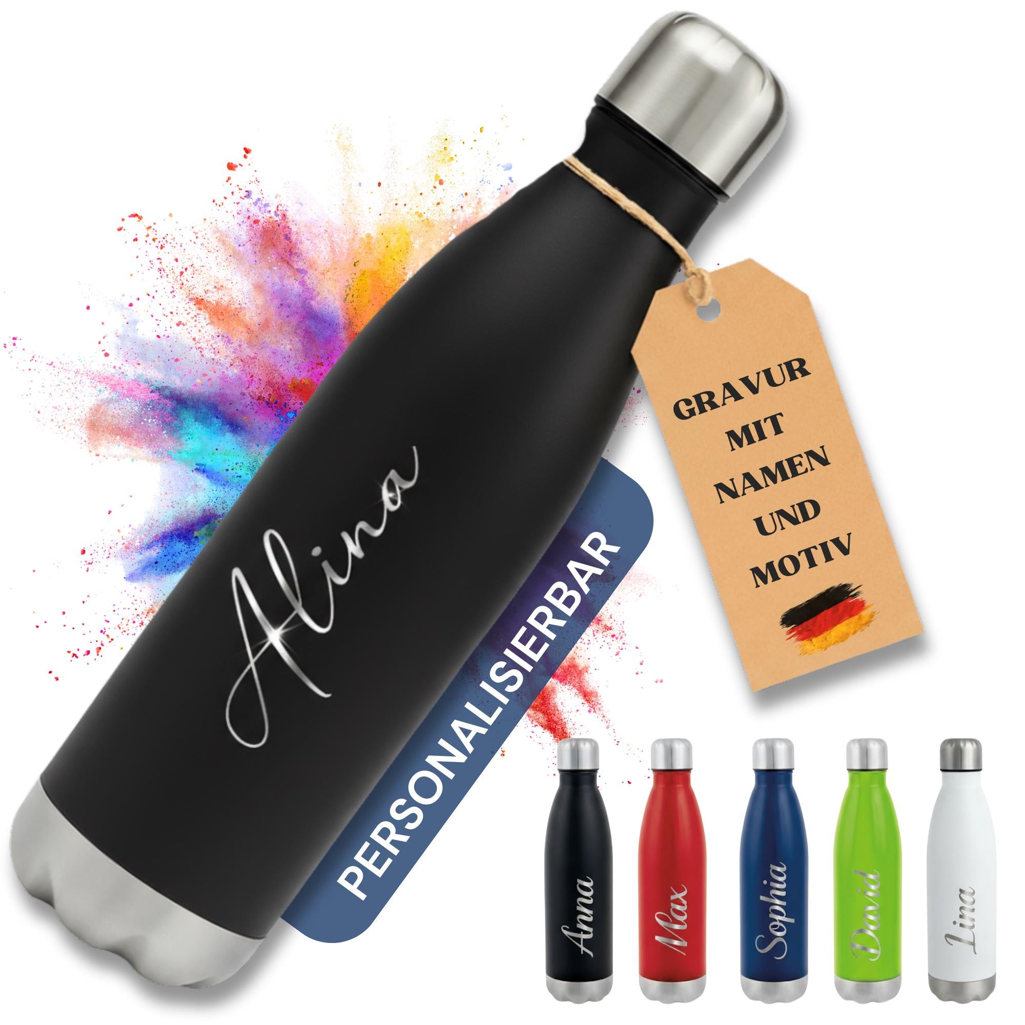 Trinkflasche personalisiert mit Namen – Edelstahl Thermosflasche mit Gravur – Personalisierte Flasche Erwachsene & Kinder (500ml)