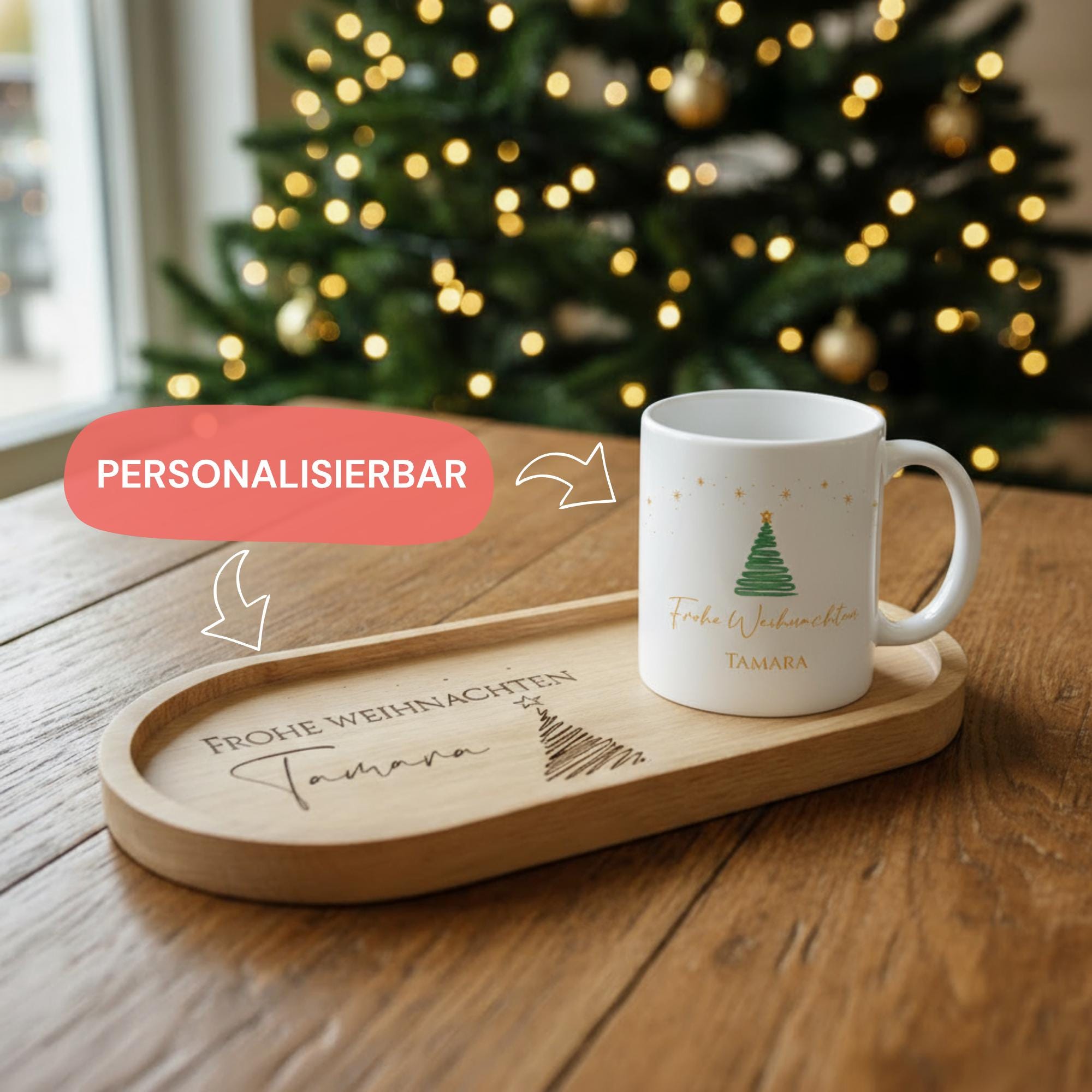 Personalisiertes Serviertablett mit Tasse - Holztablett mit Gravur als Weihnachtsgeschenk - Persönliches Geschenk Weihnachten