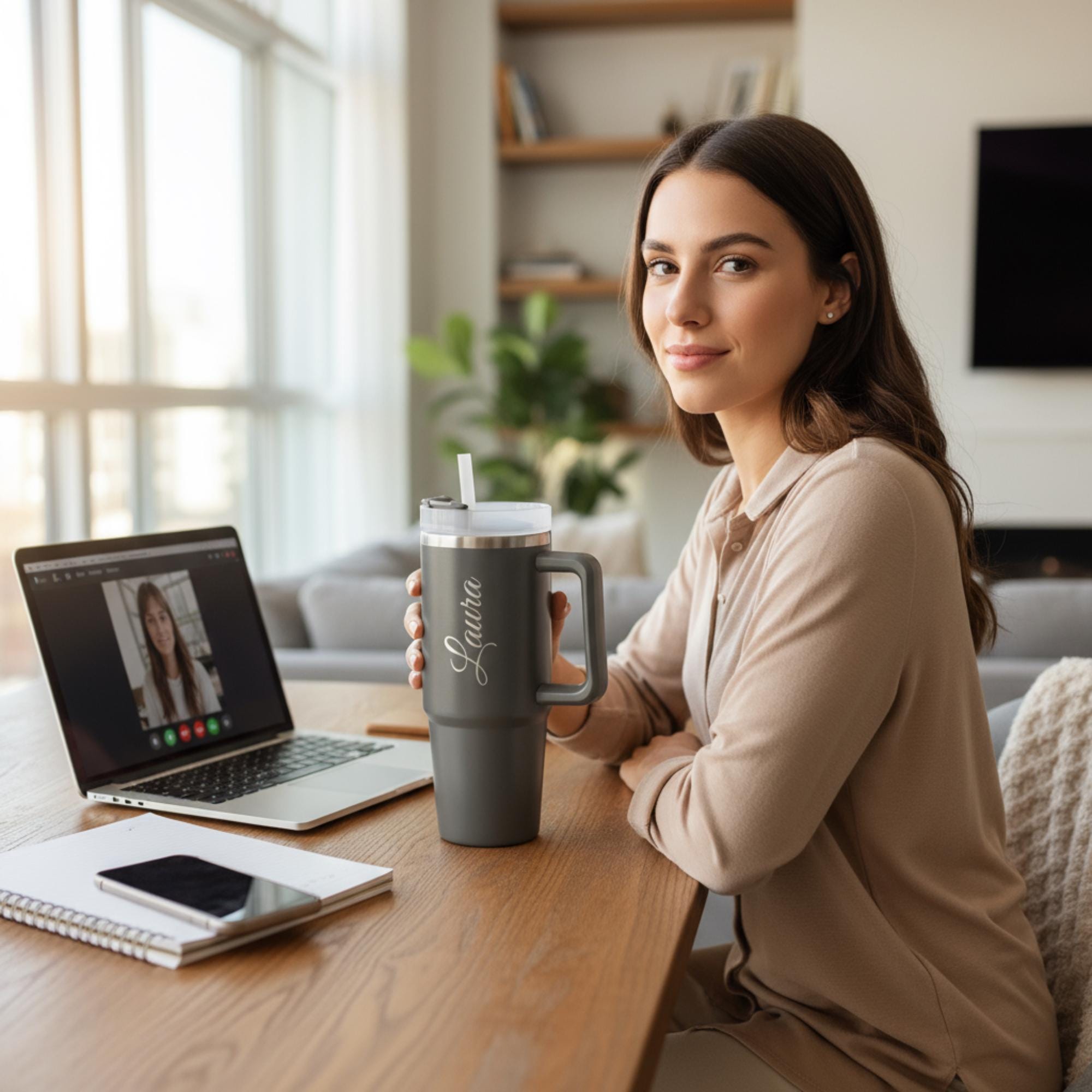 Thermobecher personalisiert mit Namen – Edelstahl Thermobecher mit Gravur – Personalisierter Becher mit Strohalm - 900ml