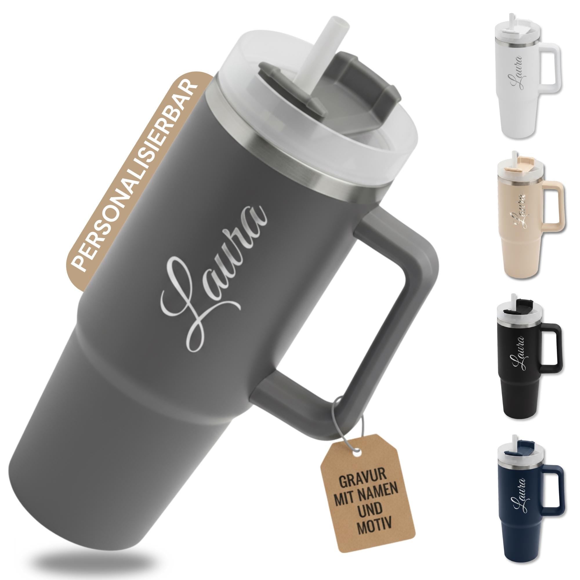 Thermobecher personalisiert mit Namen – Edelstahl Thermobecher mit Gravur – Personalisierter Becher mit Strohalm - 900ml