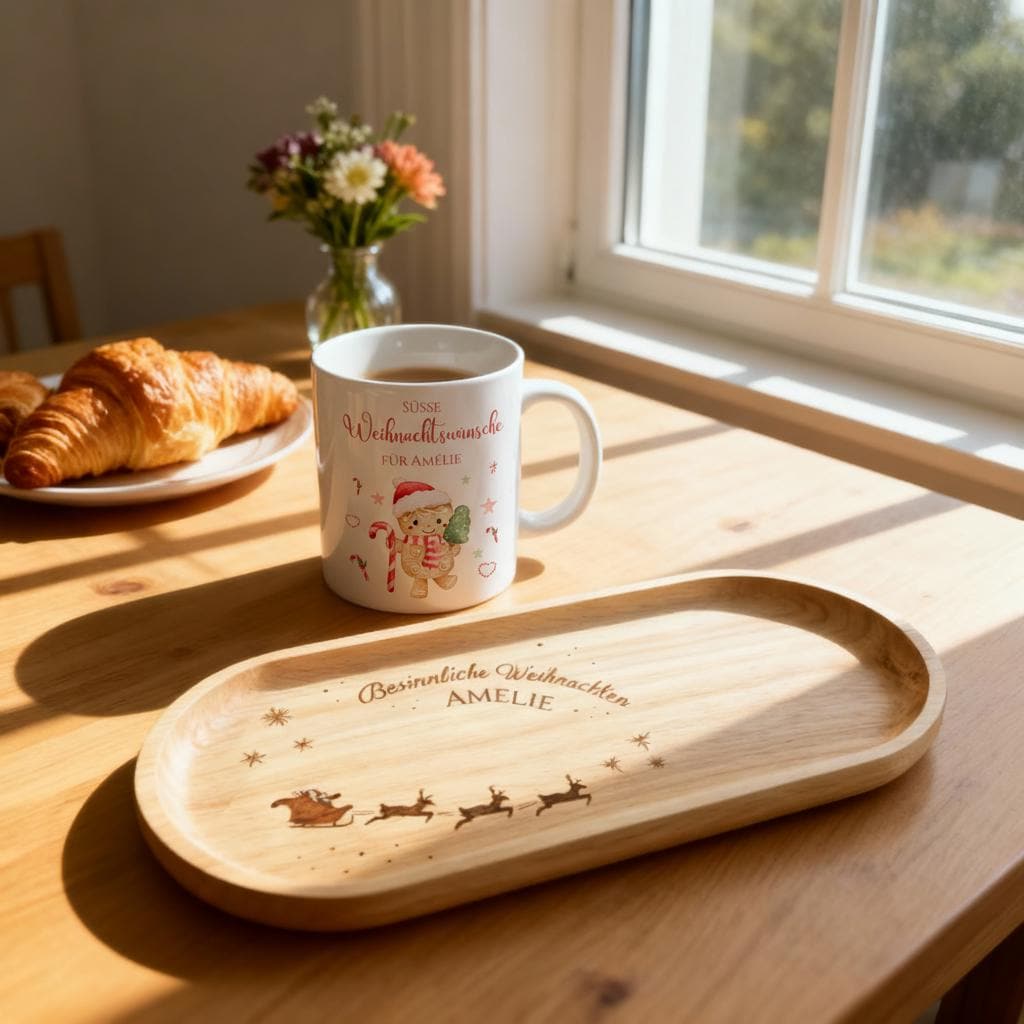 Personalisiertes Serviertablett mit Tasse - Holztablett mit Gravur als Weihnachtsgeschenk - Persönliches Geschenk Weihnachten