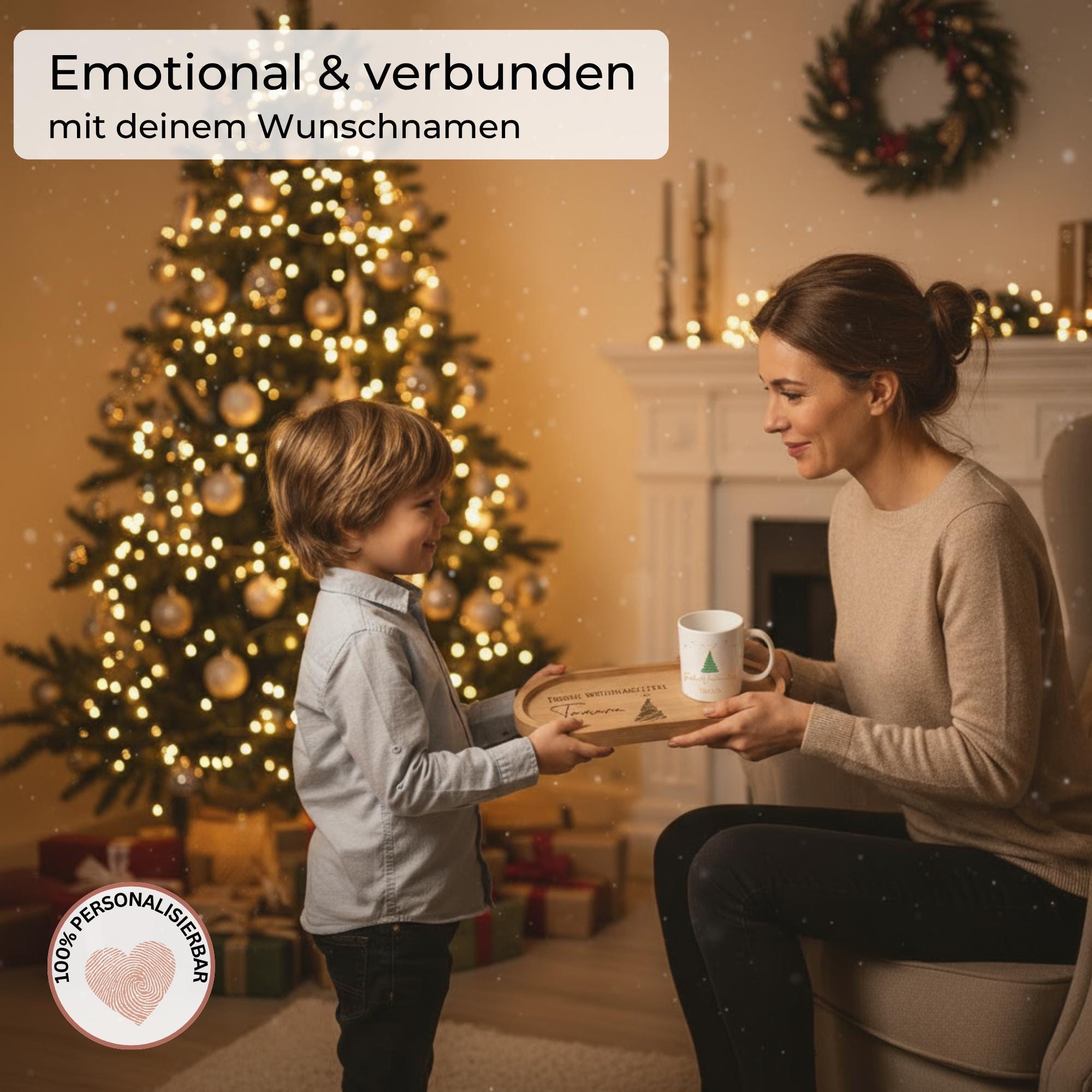 Personalisiertes Serviertablett mit Tasse - Holztablett mit Gravur als Weihnachtsgeschenk - Persönliches Geschenk Weihnachten