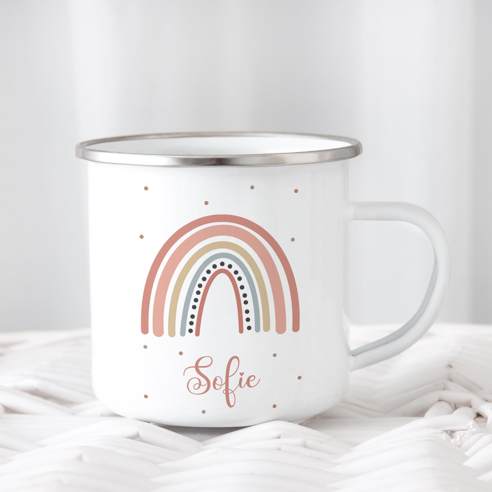 Personalisierte Emaille Tasse für Kinder, Becher mit Namen und Motiv, Geschenk für Junge und Mädchen