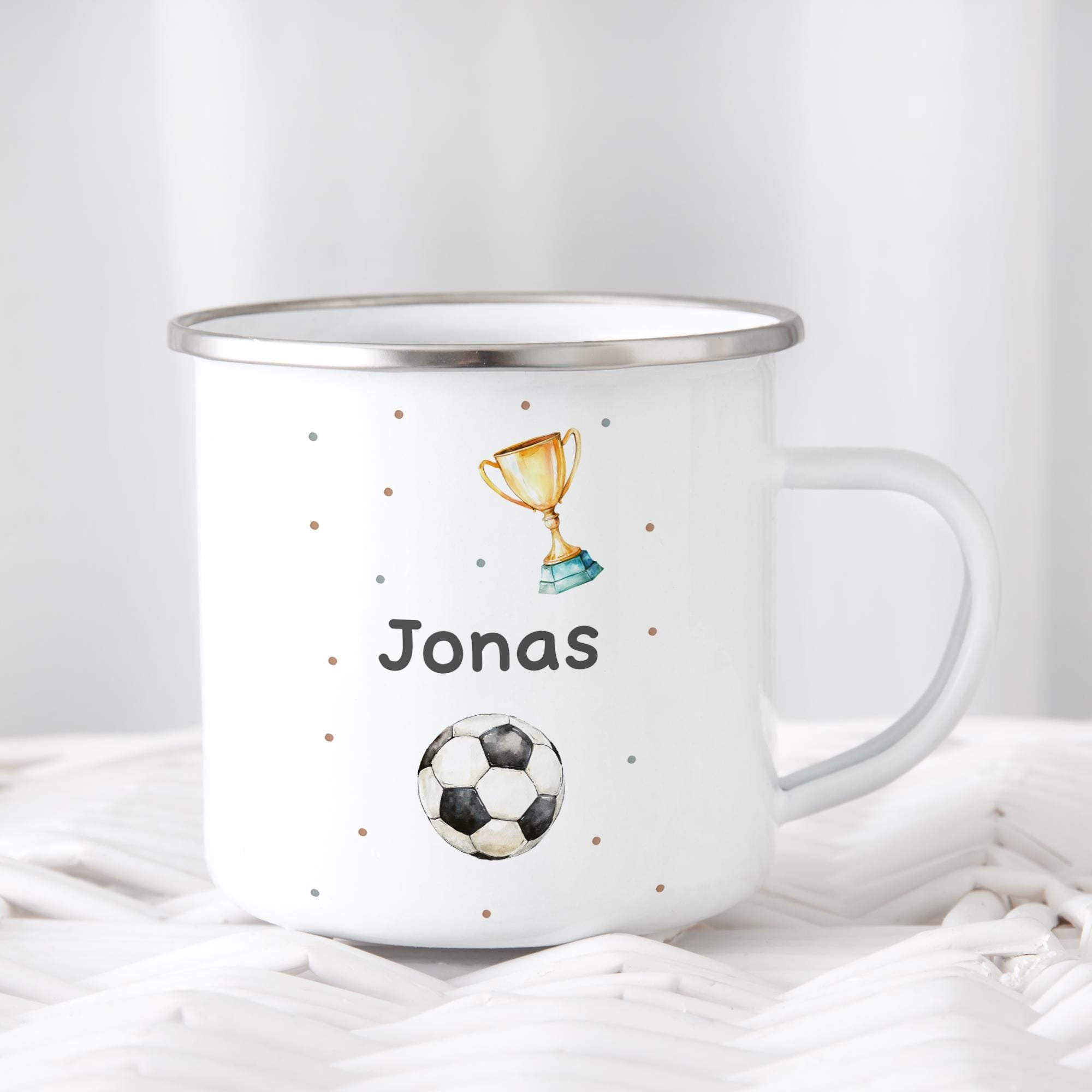 Personalisierte Emaille Tasse für Kinder, Becher mit Namen und Motiv, Geschenk für Junge und Mädchen