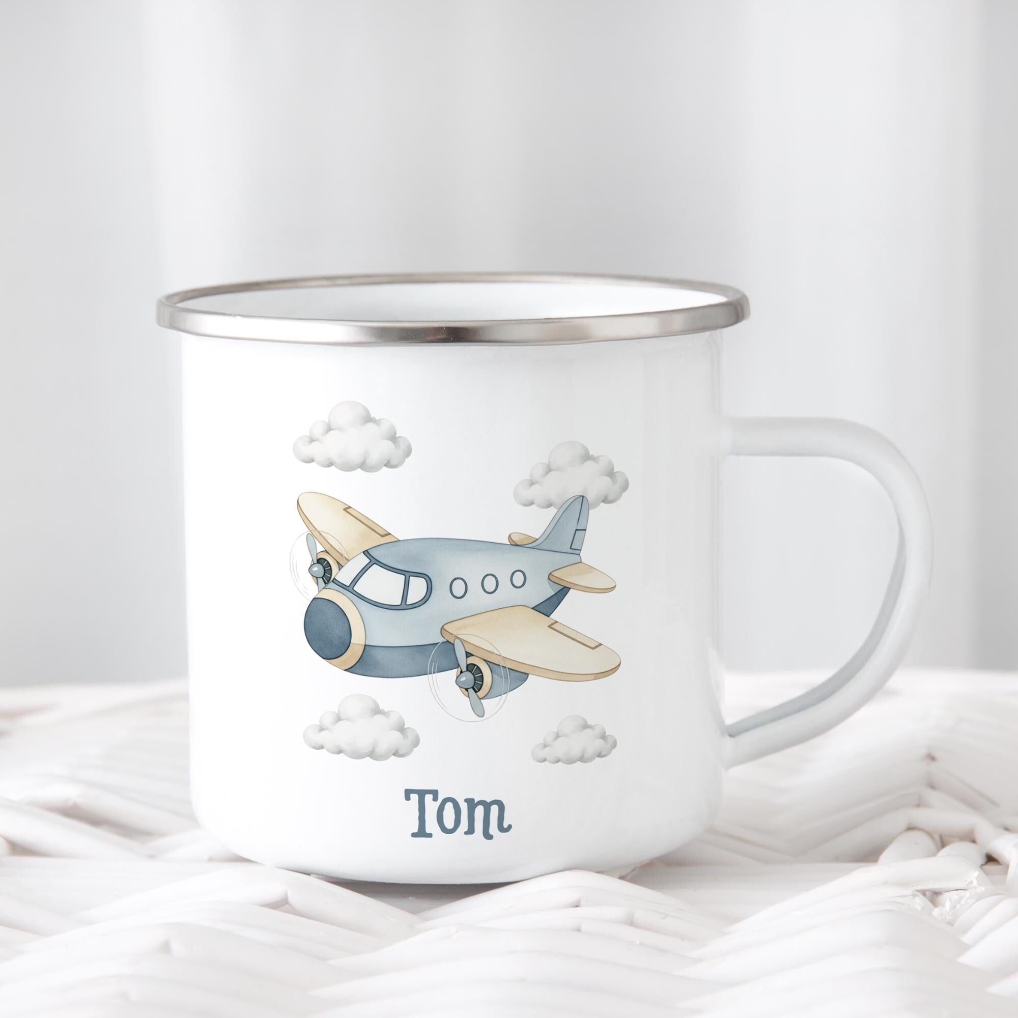 Personalisierte Emaille Tasse für Kinder, Becher mit Namen und Motiv, Geschenk für Junge und Mädchen