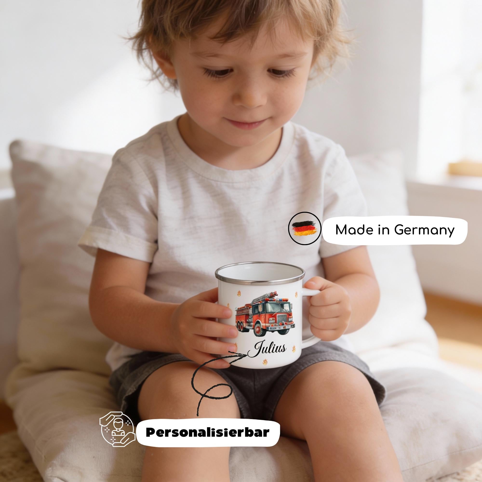 Personalisierte Emaille Tasse für Kinder, Becher mit Namen und Motiv, Geschenk für Junge und Mädchen