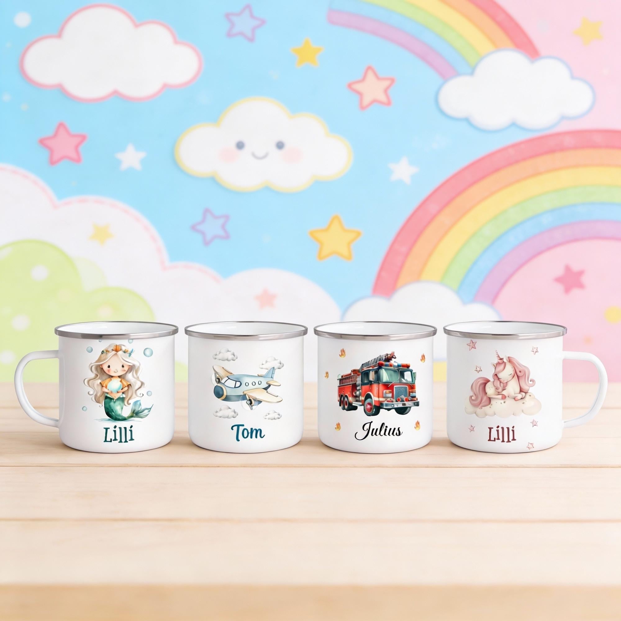 Personalisierte Emaille Tasse für Kinder, Becher mit Namen und Motiv, Geschenk für Junge und Mädchen