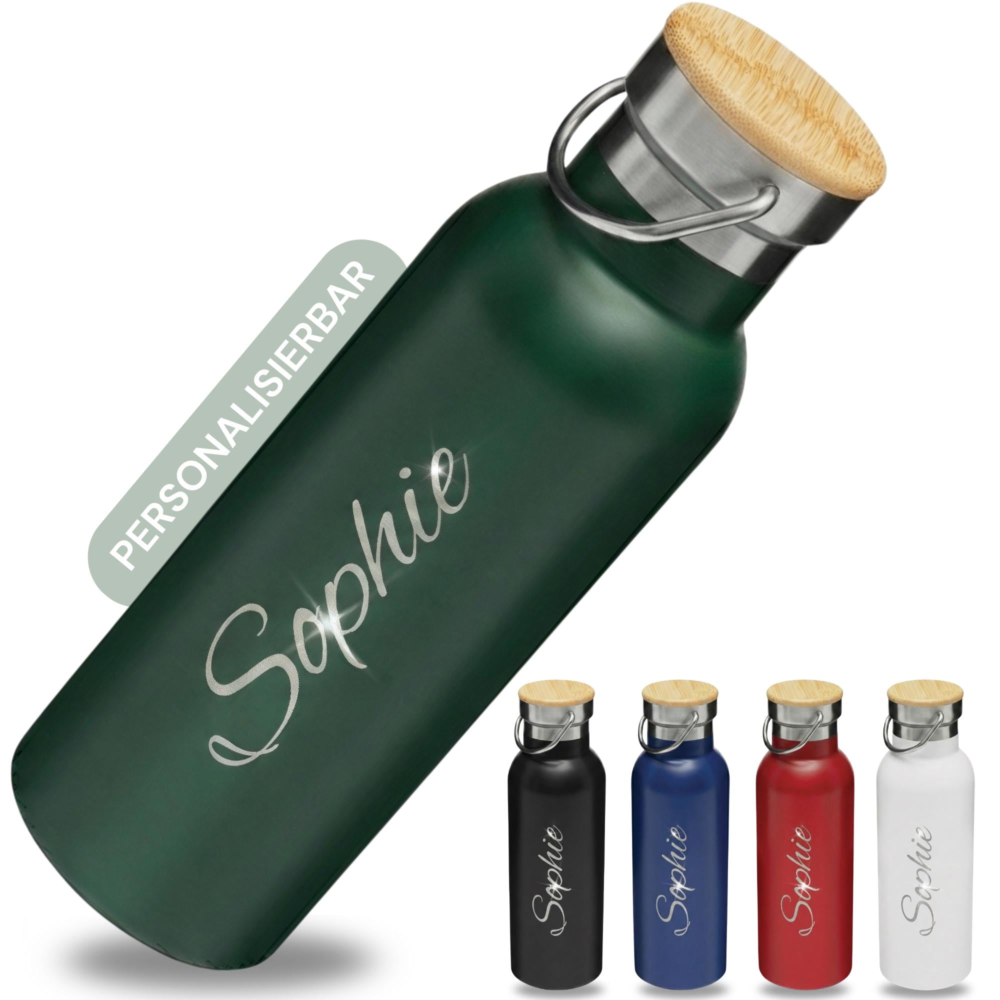 Trinkflasche personalisiert mit Namen & Bambusdeckel – Doppelwandige Edelstahl Thermosflasche mit Gravur – Personalisierte Flasche (500ml)