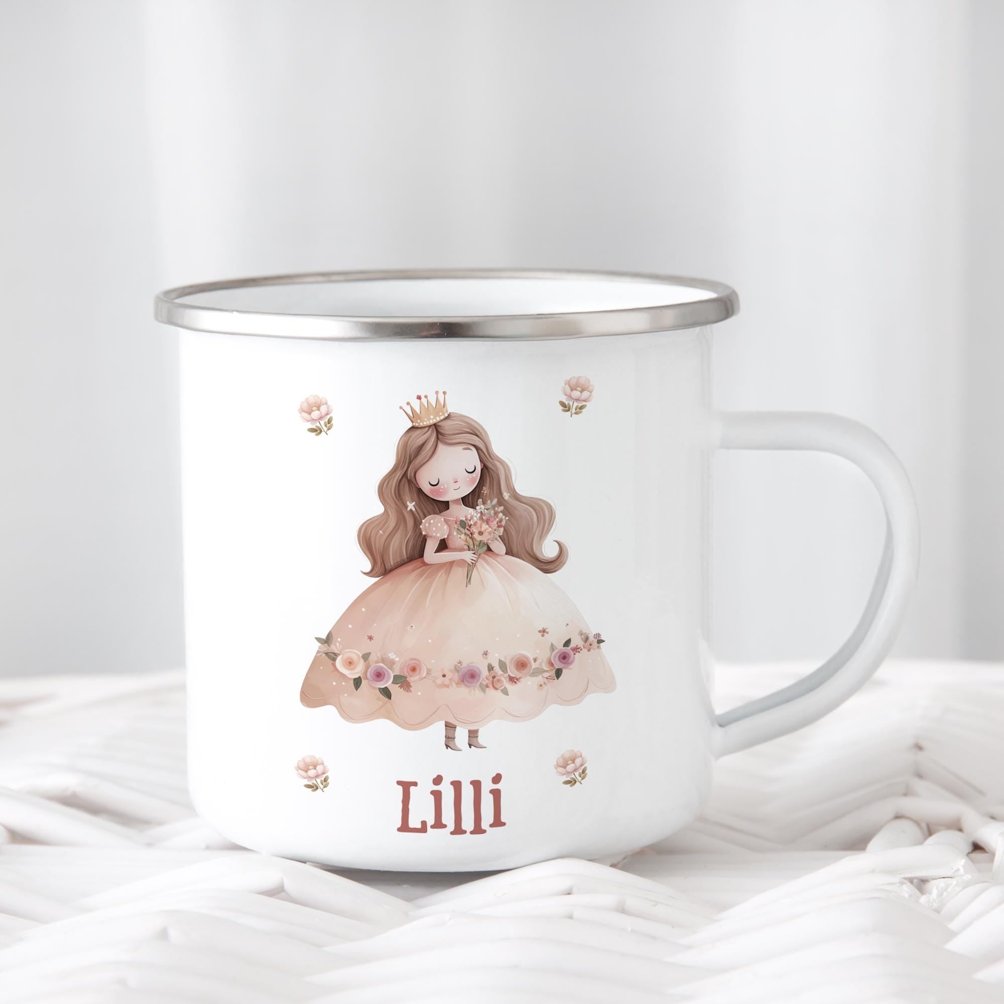 Personalisierte Emaille Tasse für Kinder, Becher mit Namen und Motiv, Geschenk für Junge und Mädchen