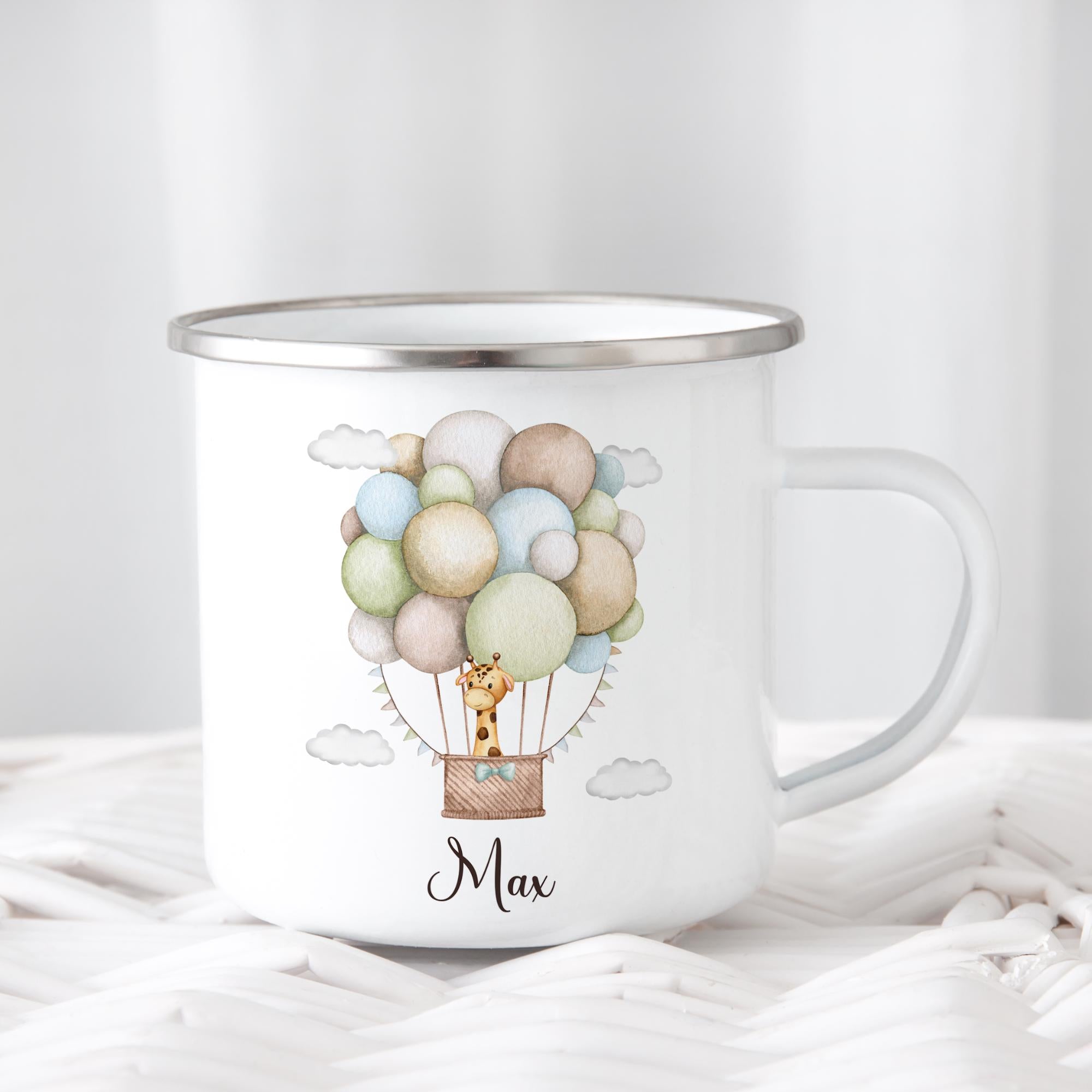 Personalisierte Emaille Tasse für Kinder, Becher mit Namen und Motiv, Geschenk für Junge und Mädchen