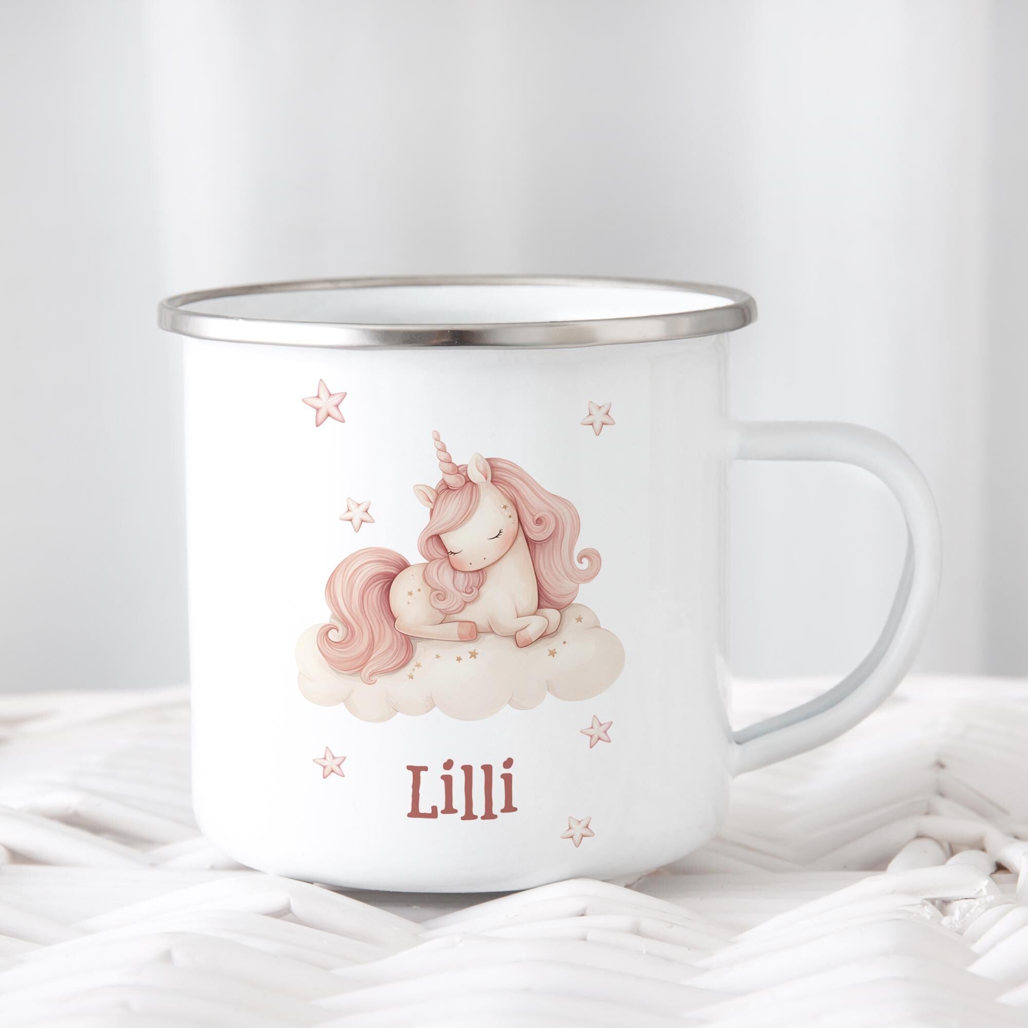 Personalisierte Emaille Tasse für Kinder, Becher mit Namen und Motiv, Geschenk für Junge und Mädchen