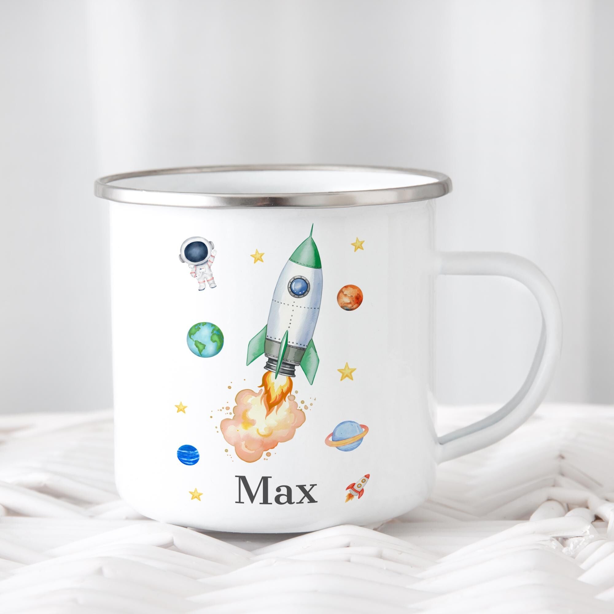 Personalisierte Emaille Tasse für Kinder, Becher mit Namen und Motiv, Geschenk für Junge und Mädchen