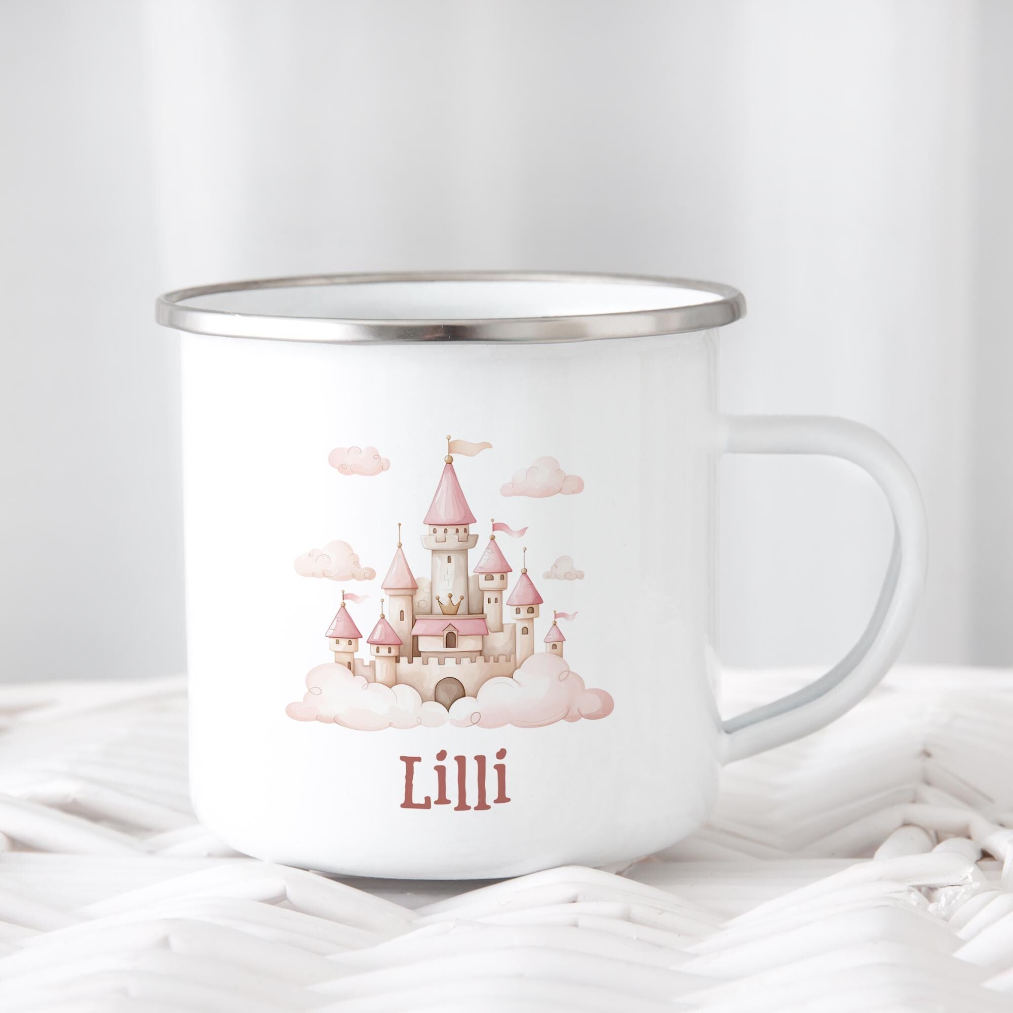 Personalisierte Emaille Tasse für Kinder, Becher mit Namen und Motiv, Geschenk für Junge und Mädchen