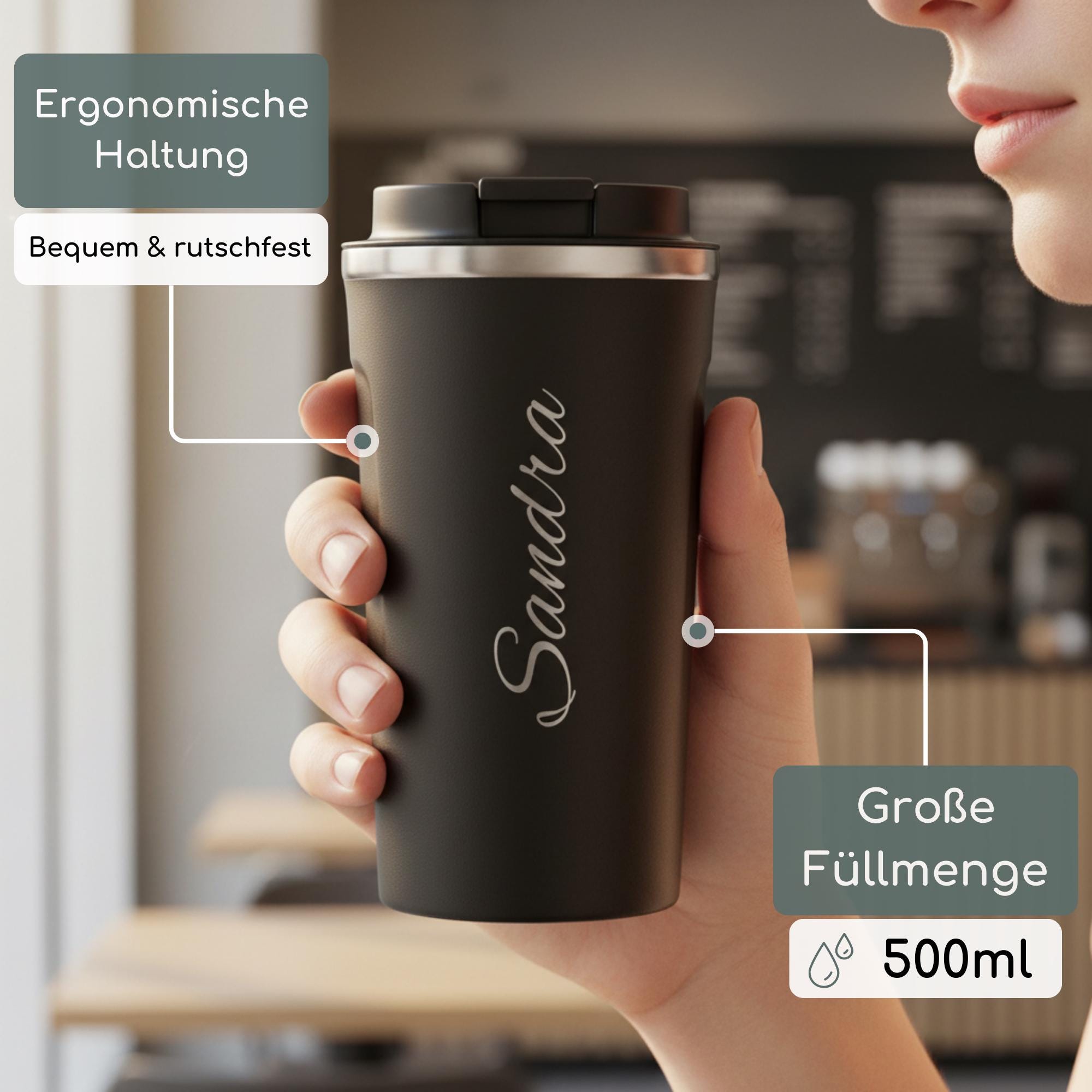 Kaffeebecher personalisiert mit Namen – Edelstahl Thermobecher mit Gravur – Personalisierter Becher 500ml