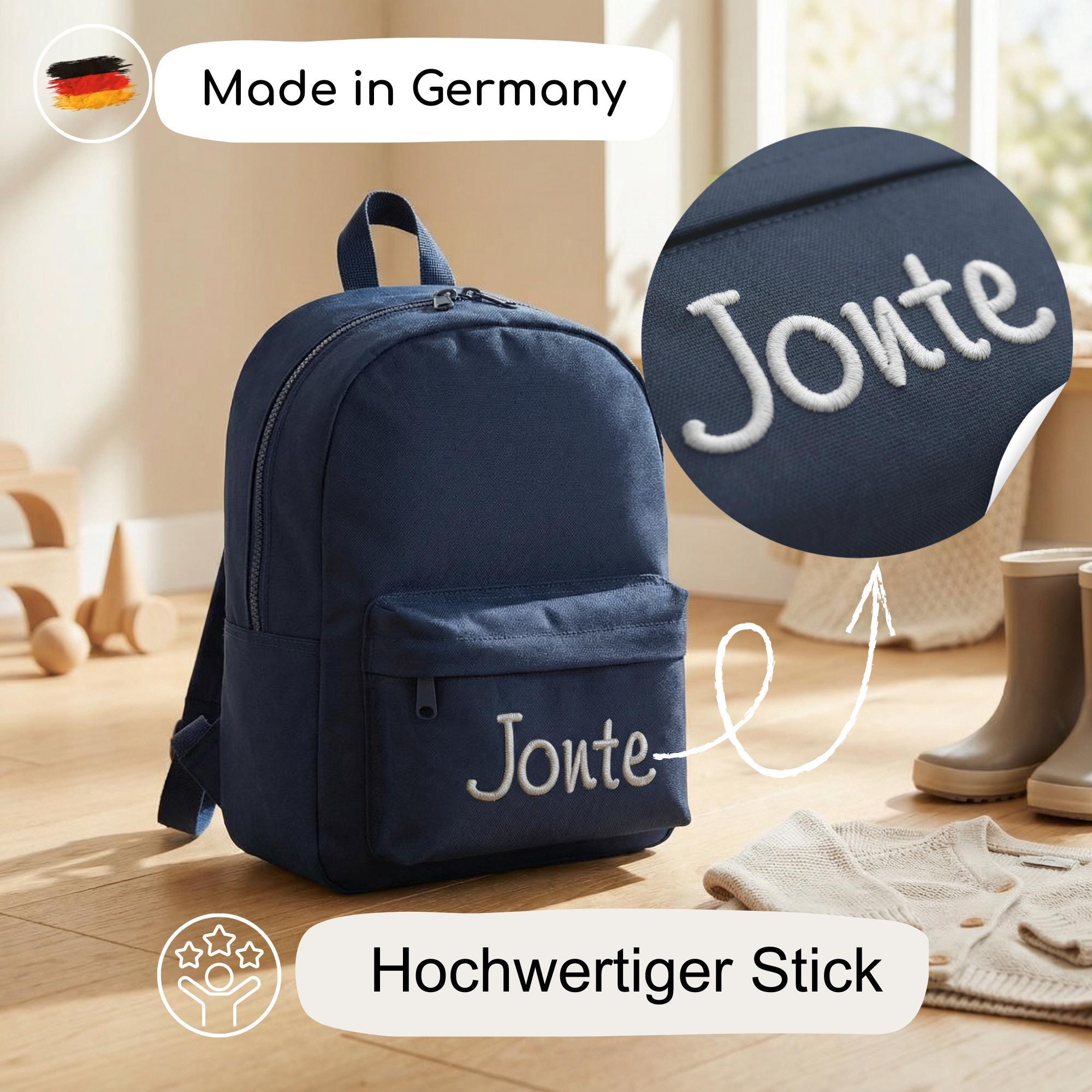 Personalisierter Kinderrucksack mit Stick, Rucksack mit Namen, Tasche bestickt, Tragetasche für Kindergarten, Schule und Sport